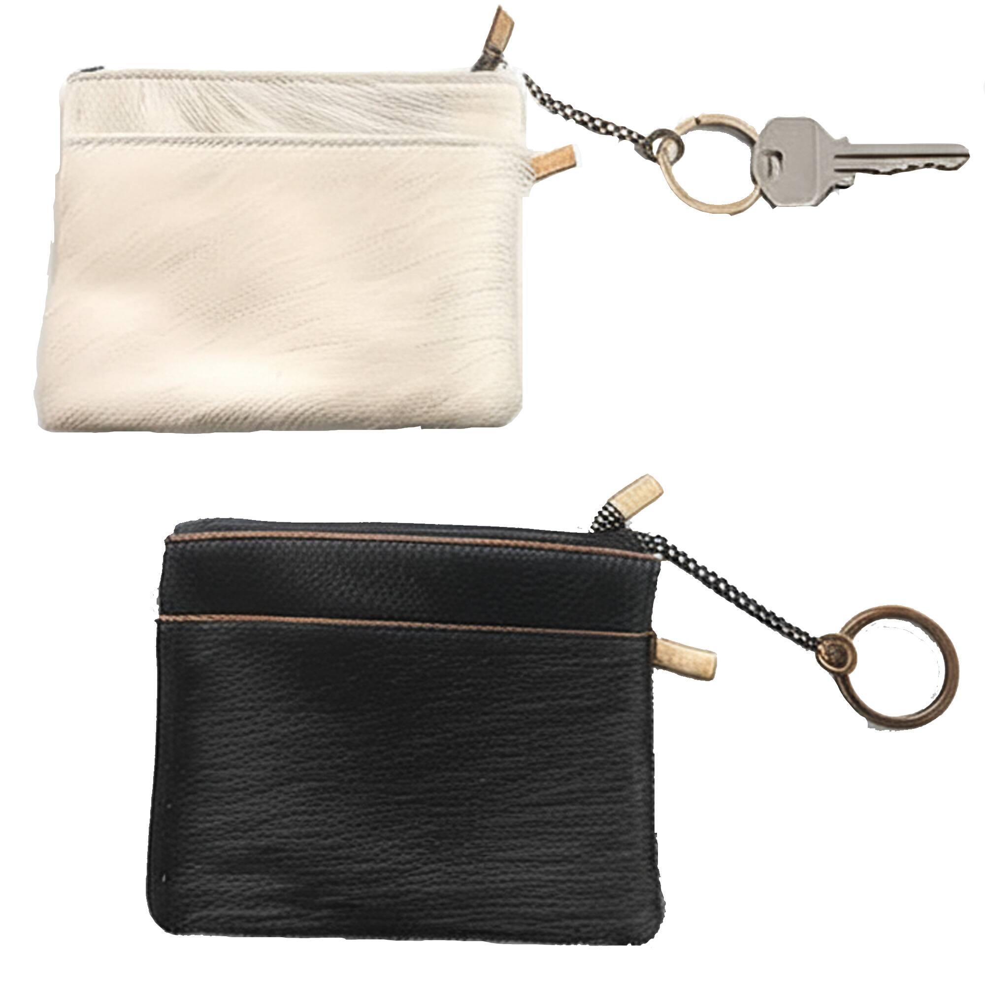Front. ESS - eSS Western cow hair coin purse pouch 2 zipper pockets – 1 open pocket wallet with keychain, Black-White Real Cowhide - Black/White Combination.