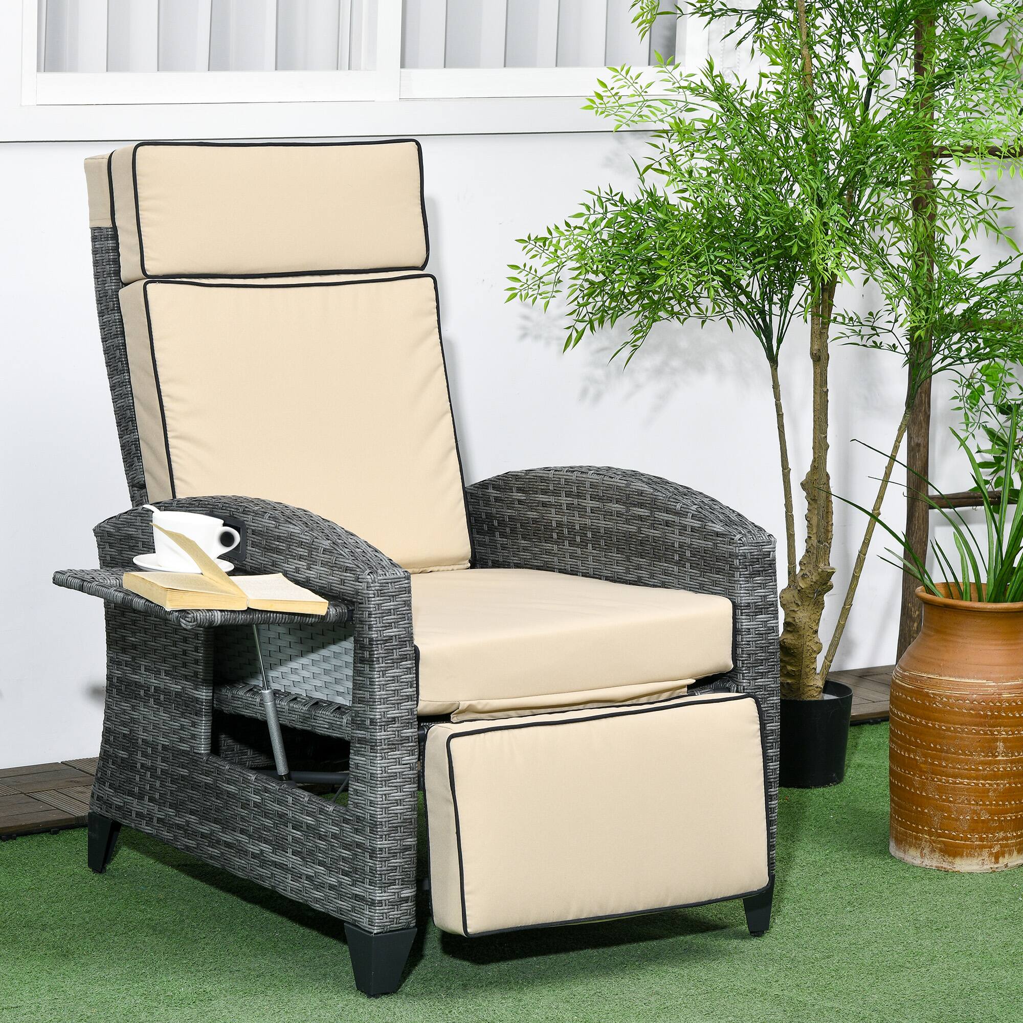 Alt View 1. Outsunny - Outdoor Recliner Chair with Cushions, PE Wicker Reclining Patio Lounge Chair with Adjustable Footrest, Armrests - Khaki.