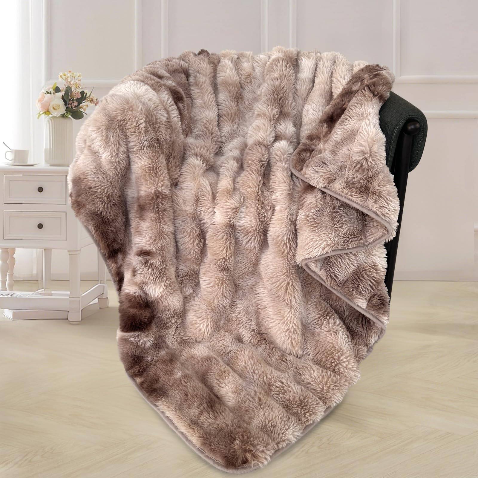 Front. ThinkLink Electronic - Faux Blanket Two Sided Ultra Soft Fluffy Reversible Fuzzy Throw For Women Men Double Ombre Luxe Thick Minky Couch Bed - Tie-dye Khaki Throw (50" x 60").