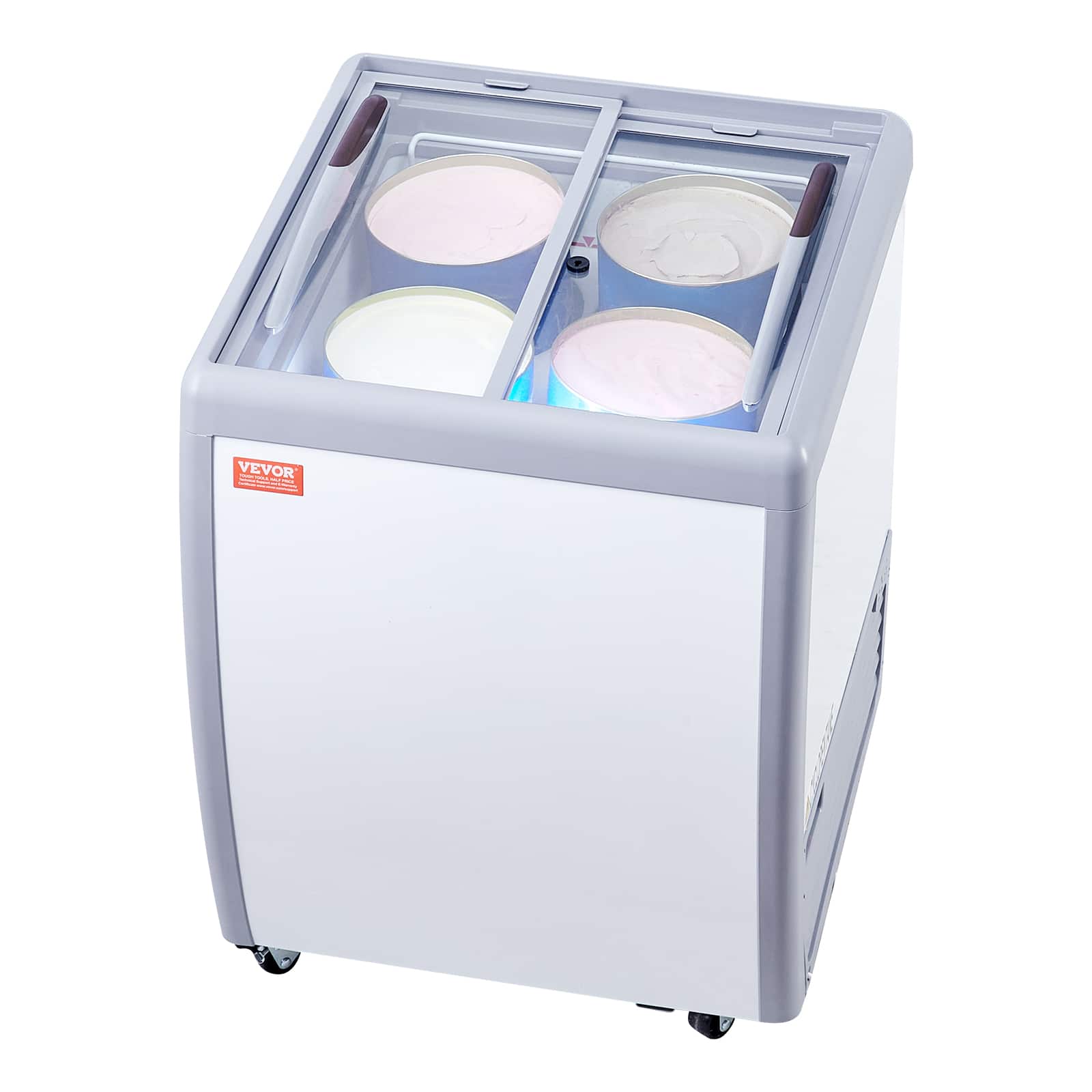 Front. VEVOR - Commercial Ice Cream Display Case, 5.6 Cu.ft Chest Freezer, Mobile Glass Top Deep Freezer, Gelato Dipping Cabinet - White.