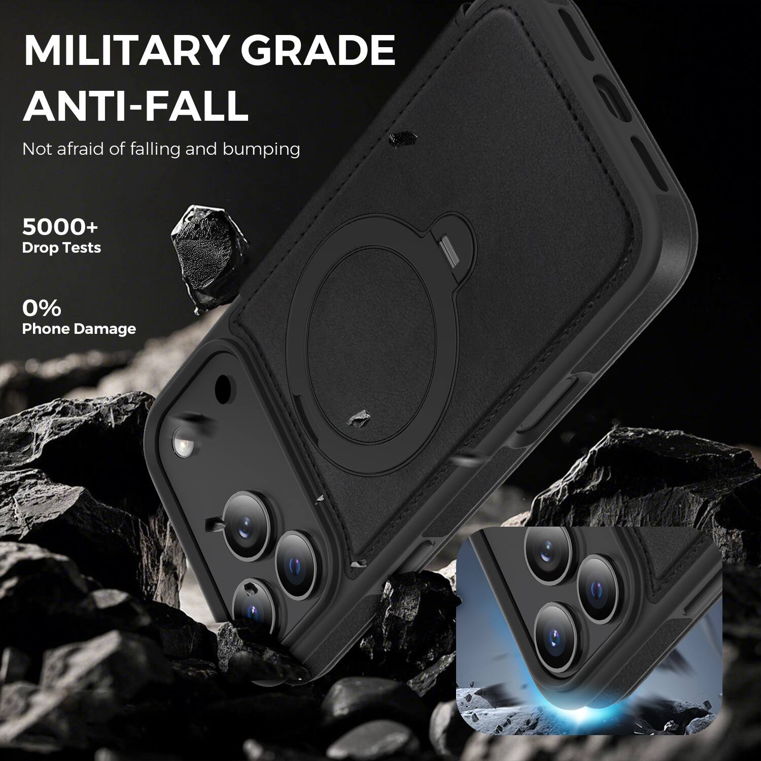 MILITARY GRADE  
ANTI-FALL  

Not afraid of falling and bumping  

5000+ Drop Tests  

0% Phone Damage