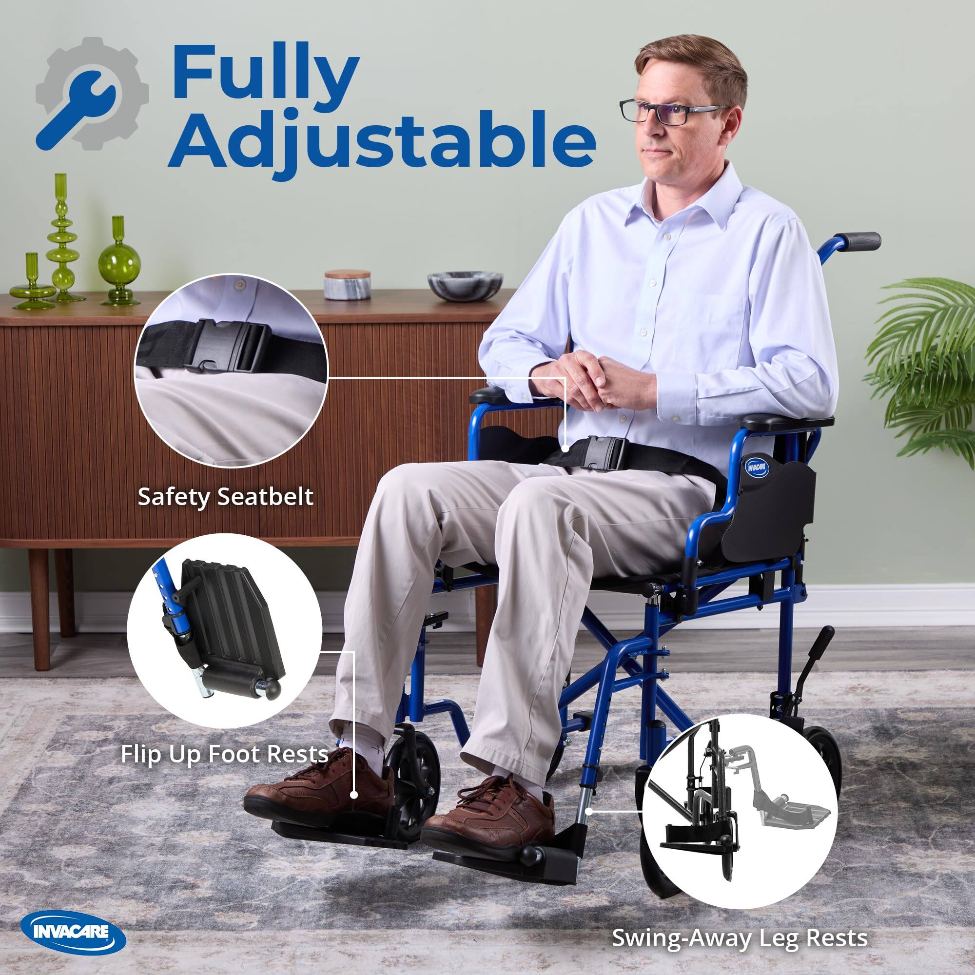 Fully Adjustable Safety Seatbelt - Flip Up Foot Rests - INVACARE Swing-Away Leg Rests