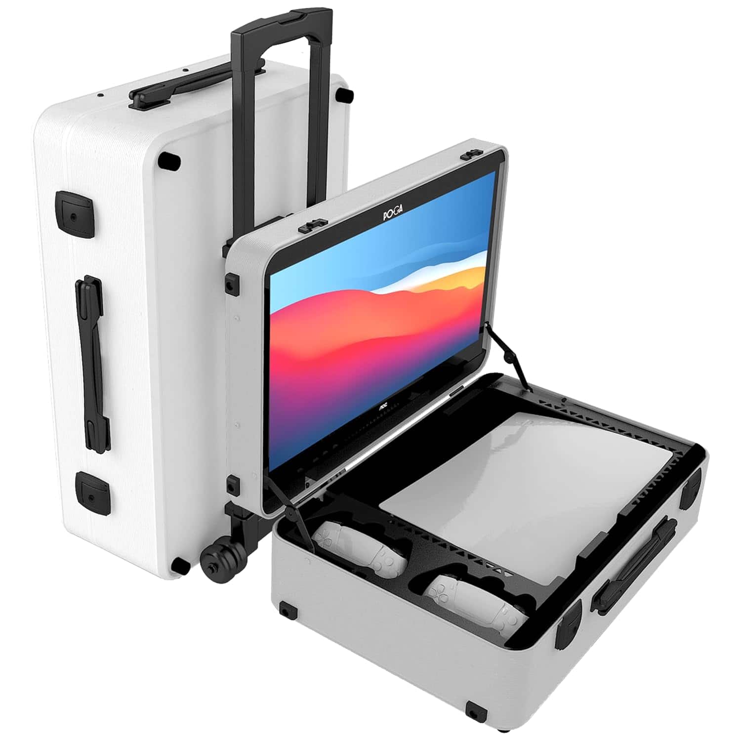Front. POGA - LUX PlayStation 5 Premium Portable Console Travel Case w/ Trolley and 24" AOC Gaming Monitor - White.