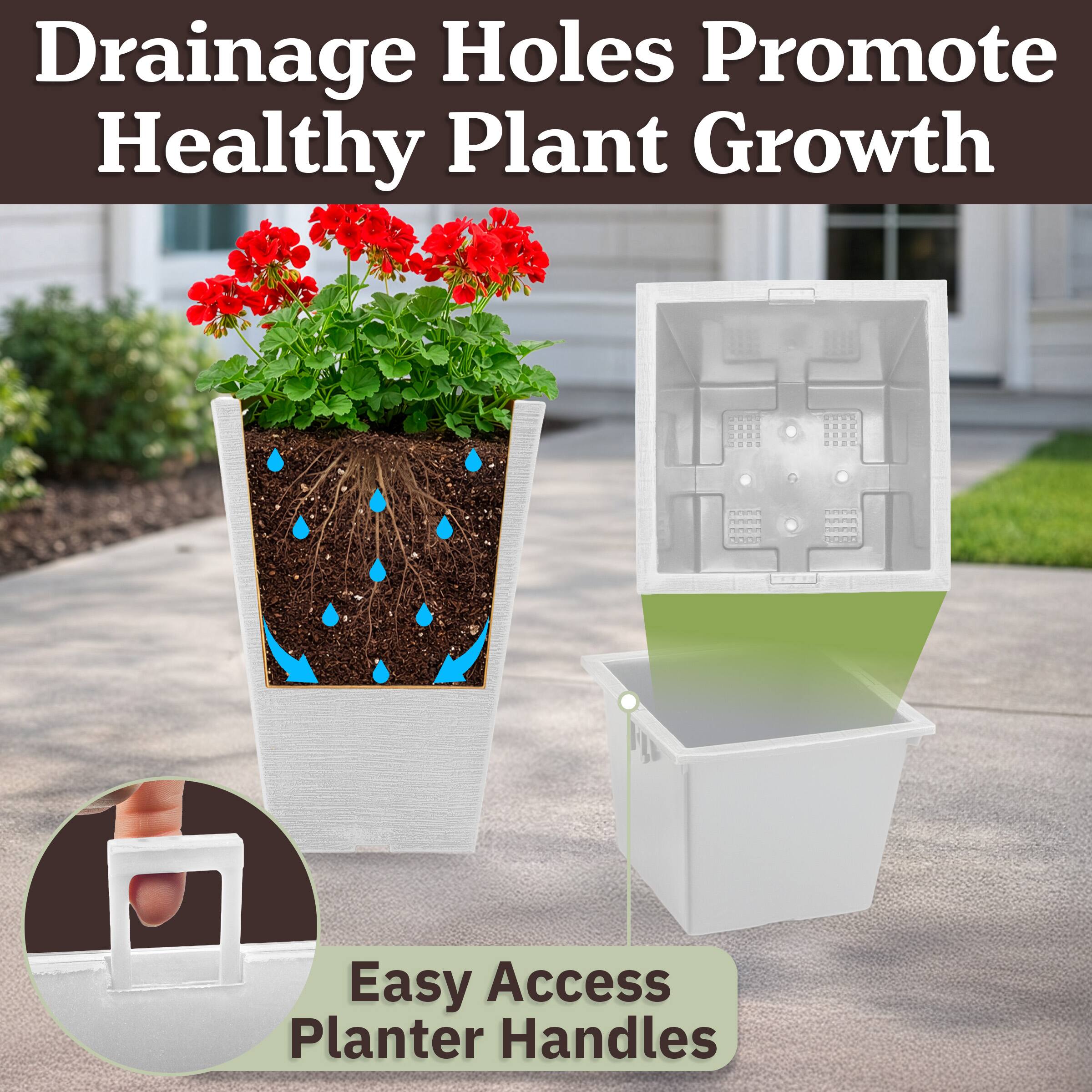 Drainage Holes Promote Healthy Plant Growth

Easy Access Planter Handles