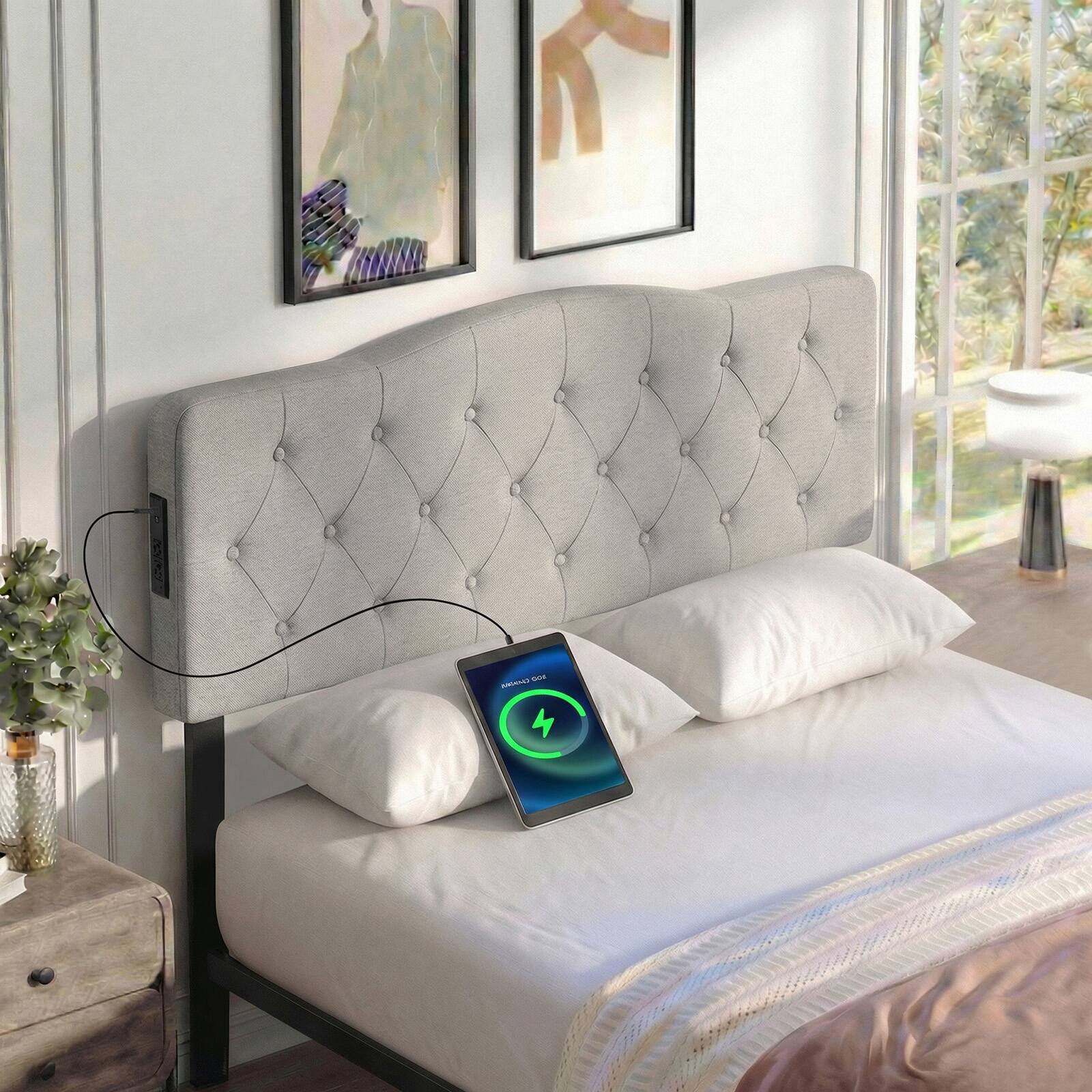 Alt View 4. Gymax - Gymax Headboard for Queen & Full Size Bed Tufted Upholstered Head Board w/2AC Outlets Gray - Grey.