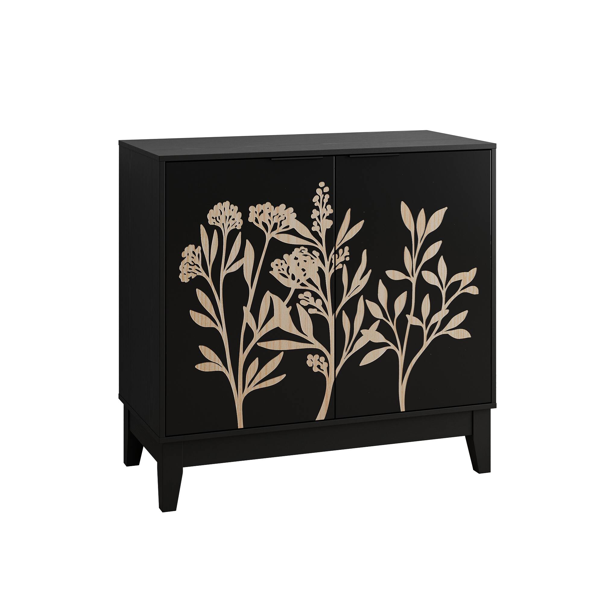 Front. Spaco - Spaco 31.5" Vintage Carved Buffet Cabinet, 2 Door Sideboard with Adjustable Shelves, Solid Wood for Dining Living Room - Black.