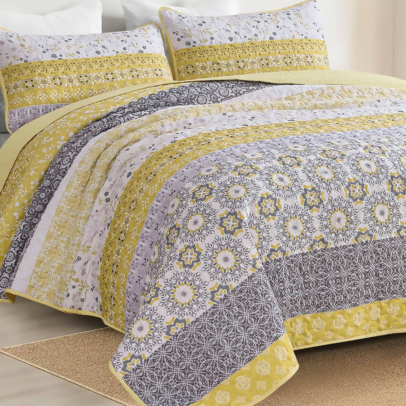 Alt View 2. PARKER SLATER - Boho Quilt Set California King Yellow Bohemian Striped Patchwork Bedspread Coverlet With 2 Pillowcases Lightweight... - Brown-King(104"×90").