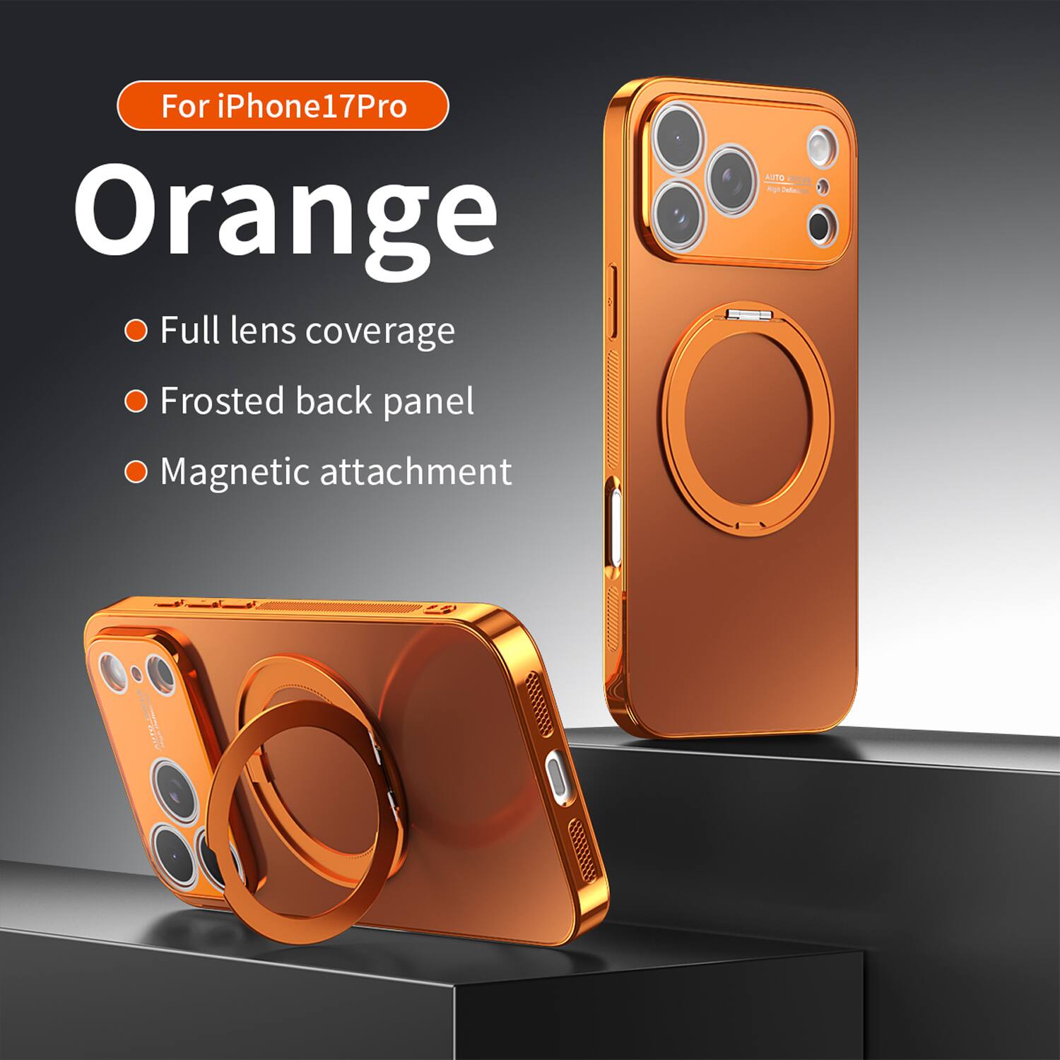 For iPhone17Pro 7Pro Orange Full lens coverage Frosted back panel Magnetic attachment AUTO FOCUS High Definition
