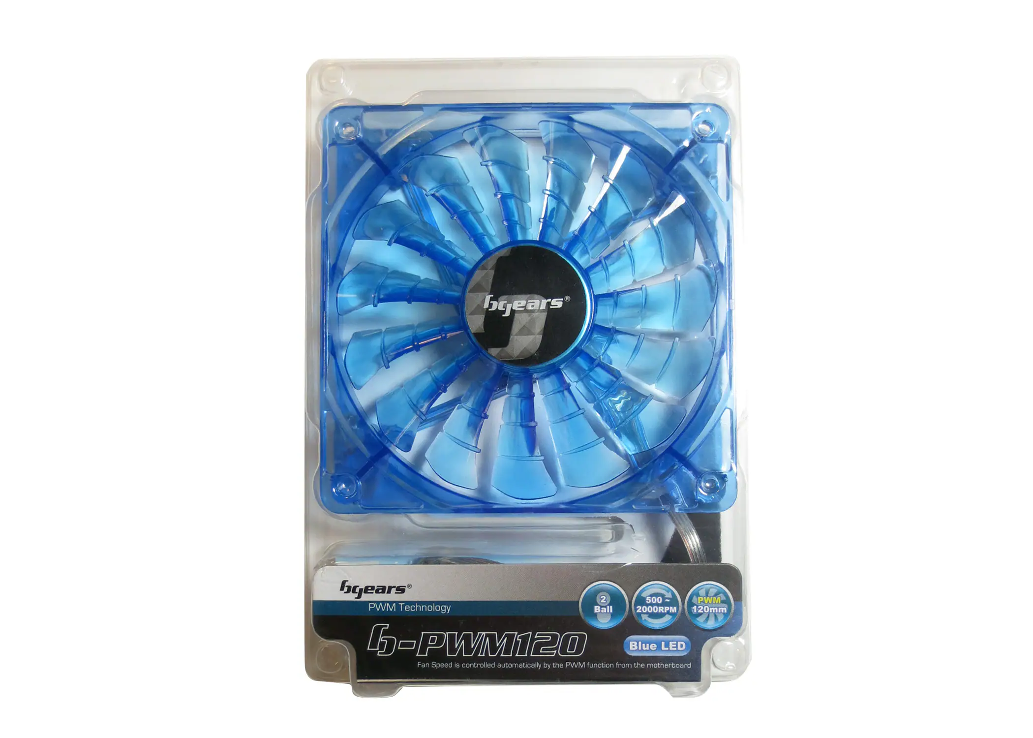 The corrected text is:

"byears byears 2 500 2 PWM Technology Ball 2000RPM 120mm 6-PW120 Blue LED Fan Speed - controlled automatically by the PWM function from the motherboard."