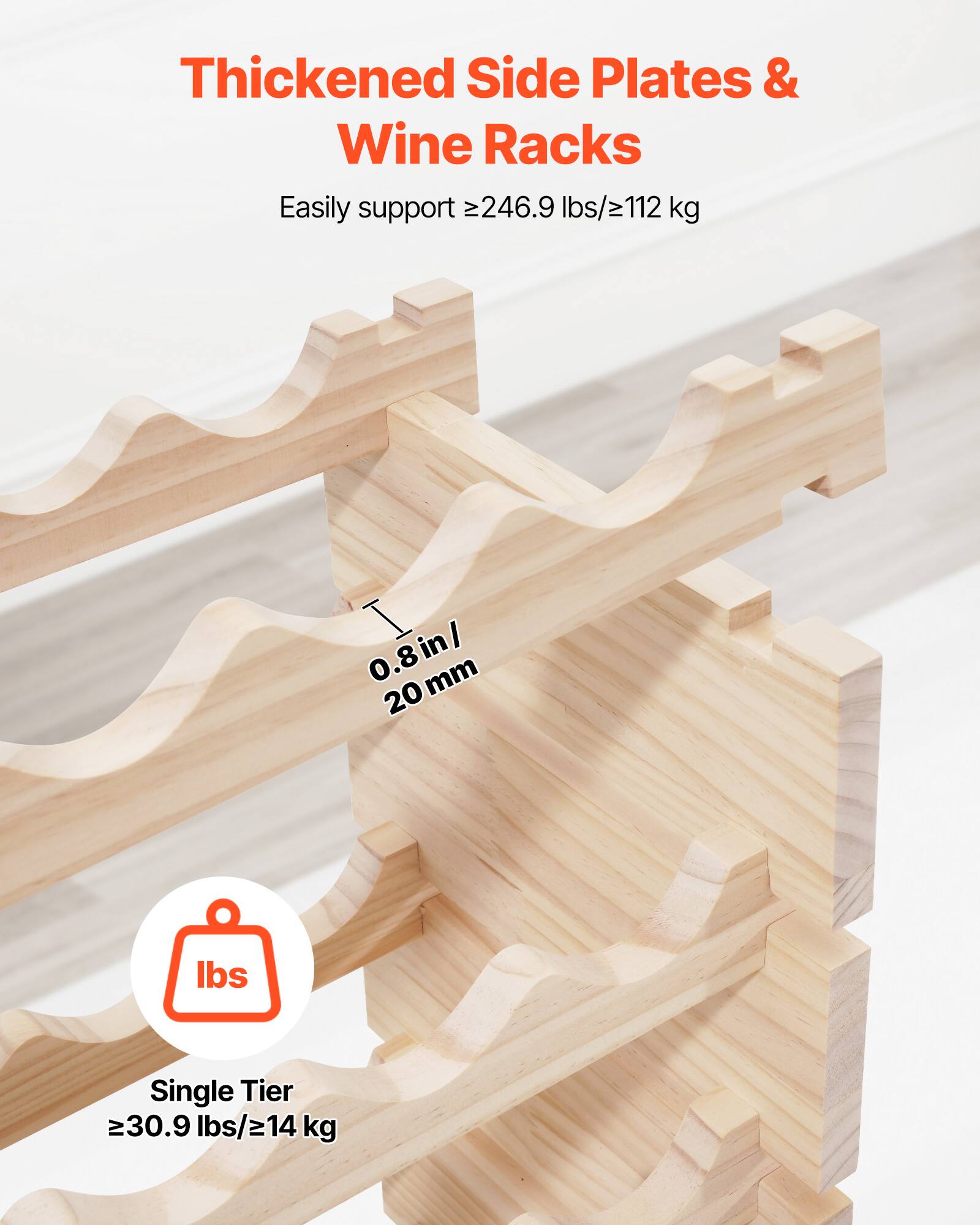 Thickened Side Plates & Wine Racks

Easily support ≥246.9 lbs/≥112 kg

0.8 in / 20 mm

Single Tier ≥30.9 lbs/≥14 kg