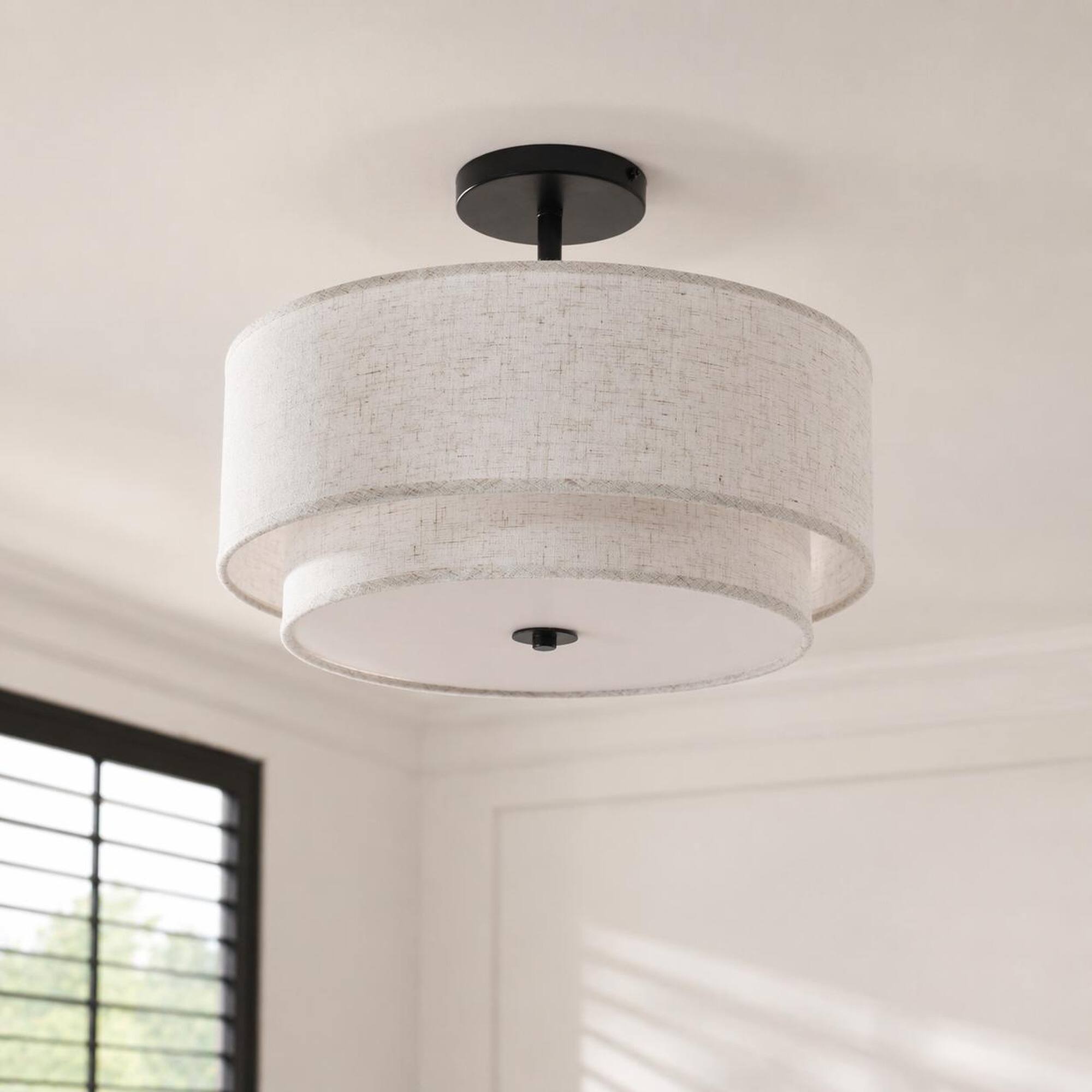 Front. RYHNUYNE - 16-Inch Modern Fabric Flush Mount Ceiling Light with Dual Linen Shades for Living Room, Bedroom, Dining Area.