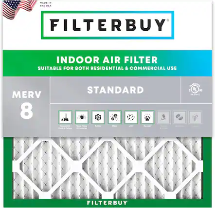 MADE IN THE USA FILTERBUY INDOOR AIR FILTER SUITABLE FOR BOTH RESIDENTIAL & COMMERCIAL USE MERV 8 STANDARD Household Dust Mites Pollen Mold Lint Dander Smoke & Smog Bacteria Odors
