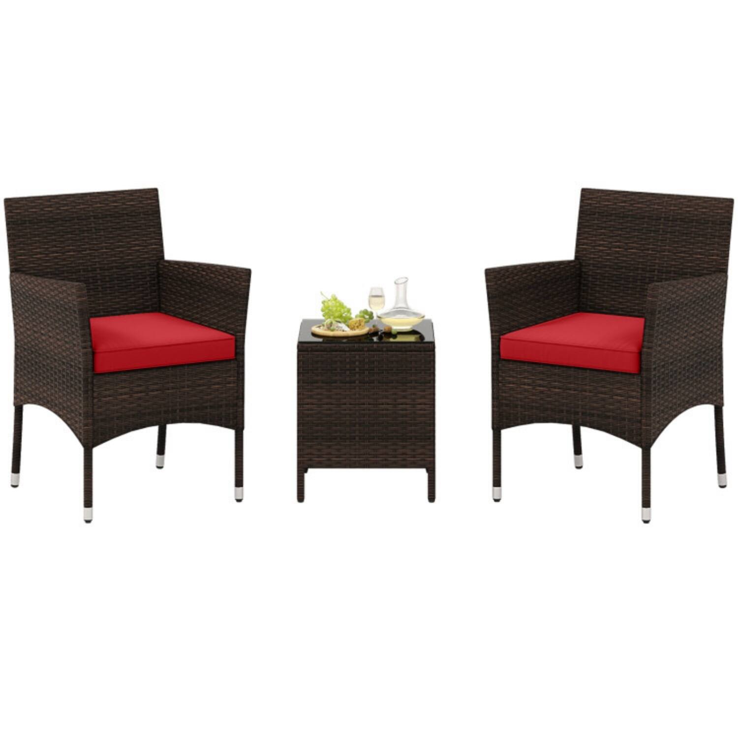 Alt View 3. Mondawe - Compact Freestanding Outdoor Conversation Set with Cushioned Chairs and Glass Table 3-Piece - Mix Brown+Red.