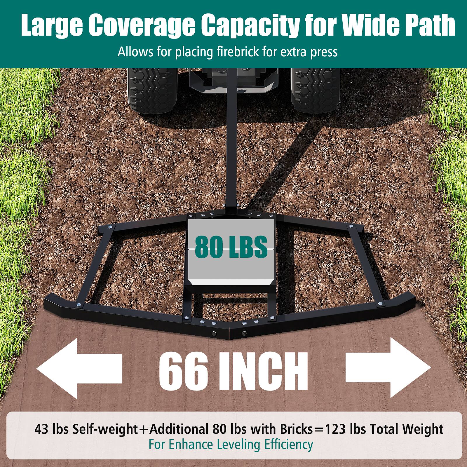 Large Coverage Capacity for Wide Path  
Allows for placing firebrick for extra press  

80 LBS  
66 INCH  

43 lbs Self-weight + Additional 80 lbs with Bricks = 123 lbs Total Weight  
For Enhance Leveling Efficiency