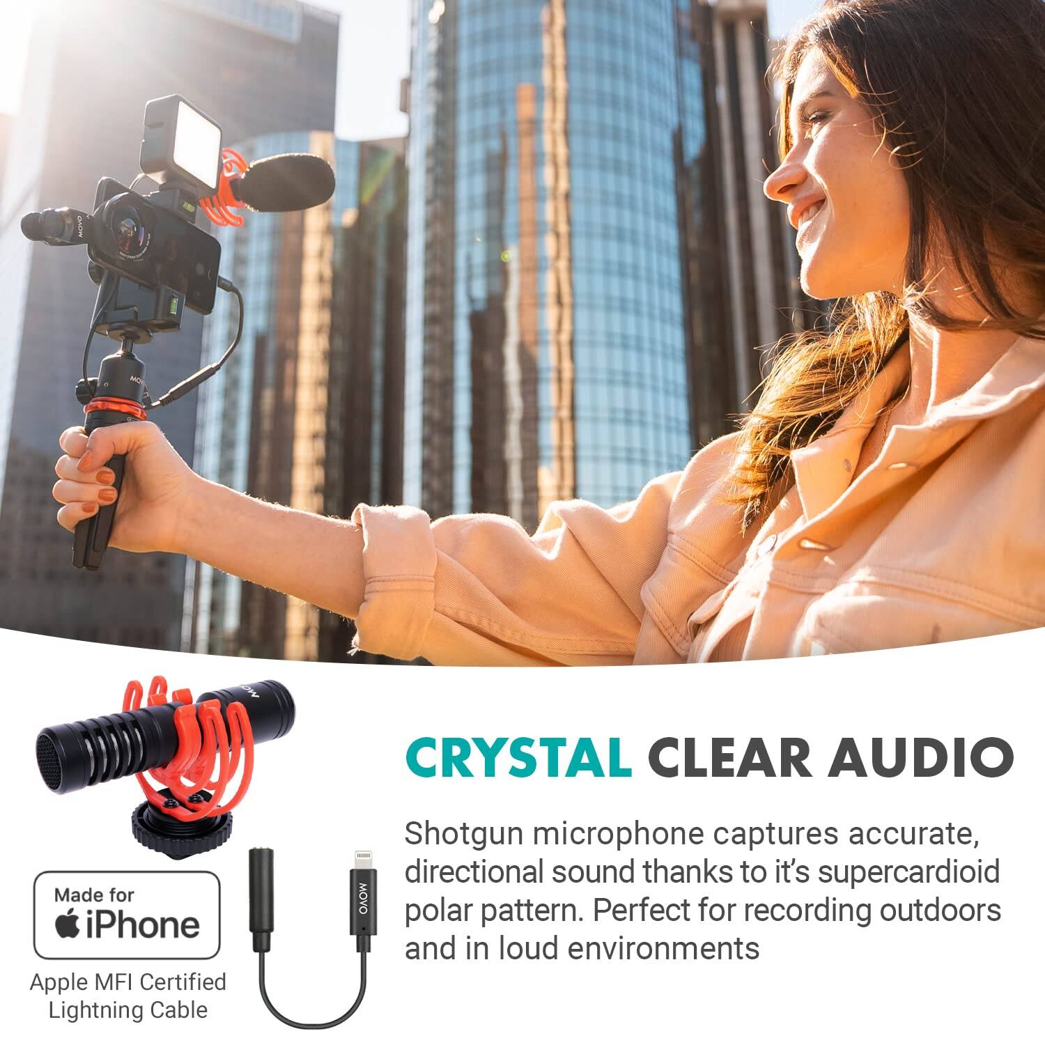 **CRYSTAL CLEAR AUDIO**

Shotgun microphone captures accurate, directional sound thanks to its supercardioid polar pattern. Perfect for recording outdoors and in loud environments.

- Made for iPhone
- Apple MFI Certified Lightning Cable