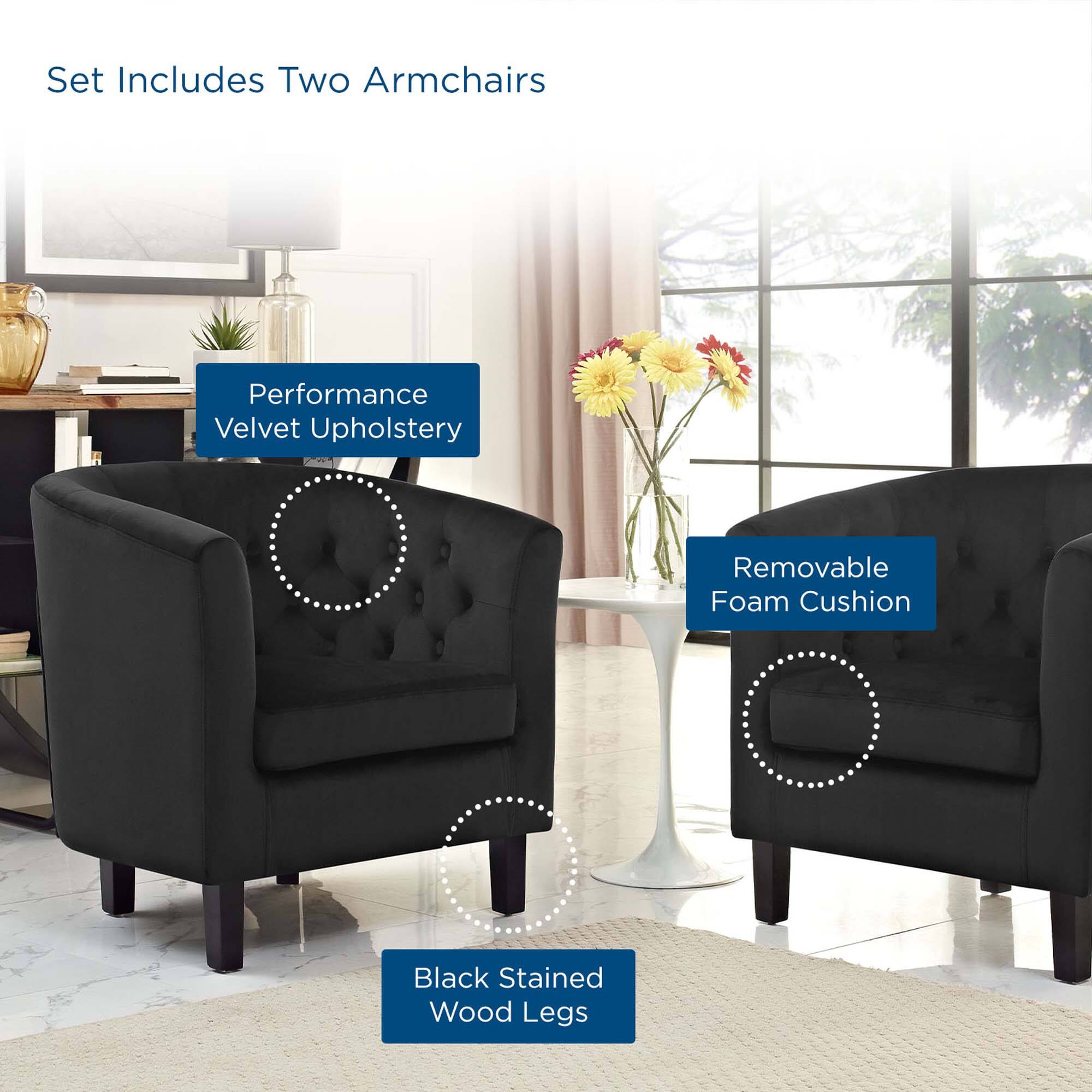 Set Includes Two Armchairs

- Performance Velvet Upholstery
- Removable Foam Cushion
- Black Stained Wood Legs