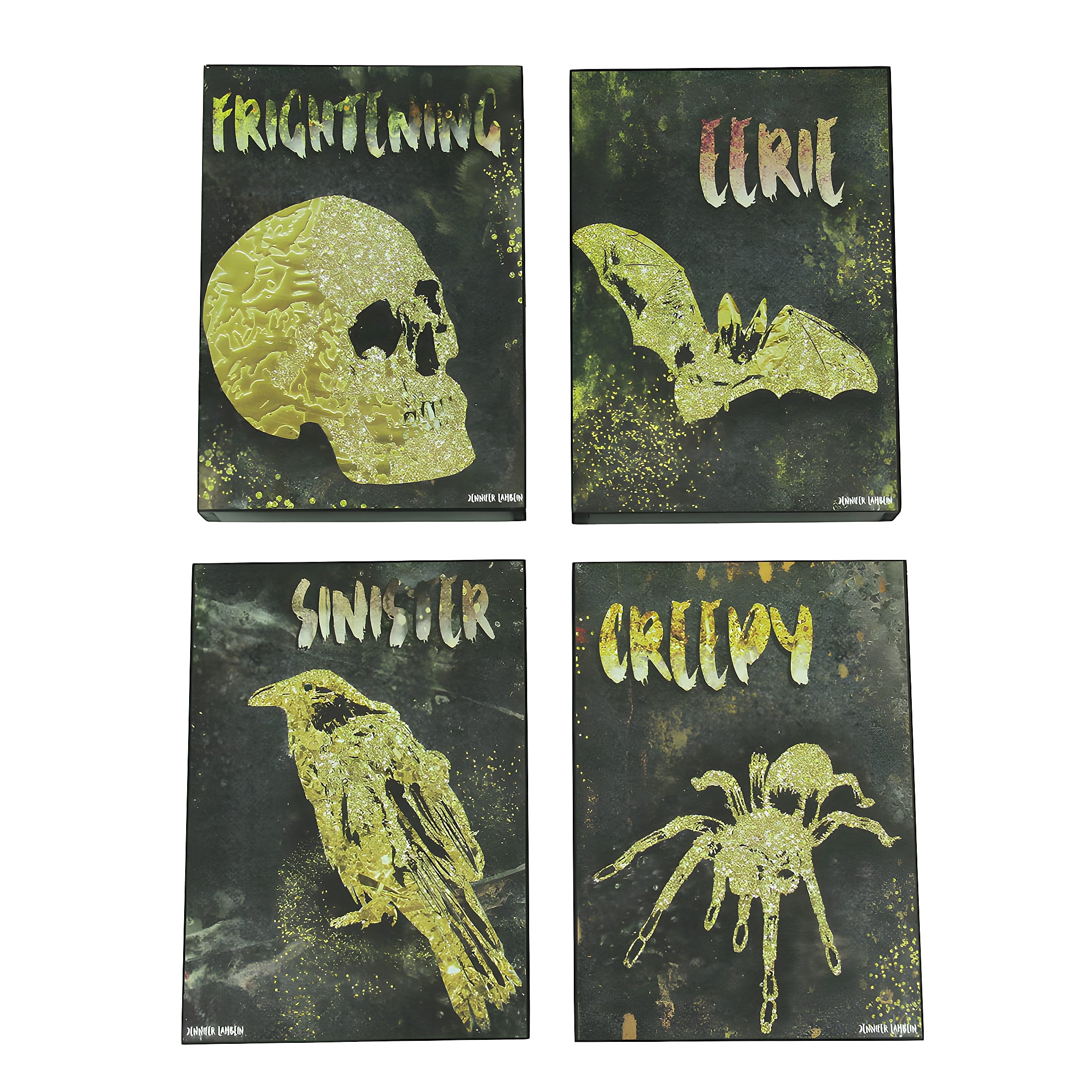 Transpac - Set of 4 Darkly Elegant Halloween Themed Wooden Block Wall Hangings - Black
