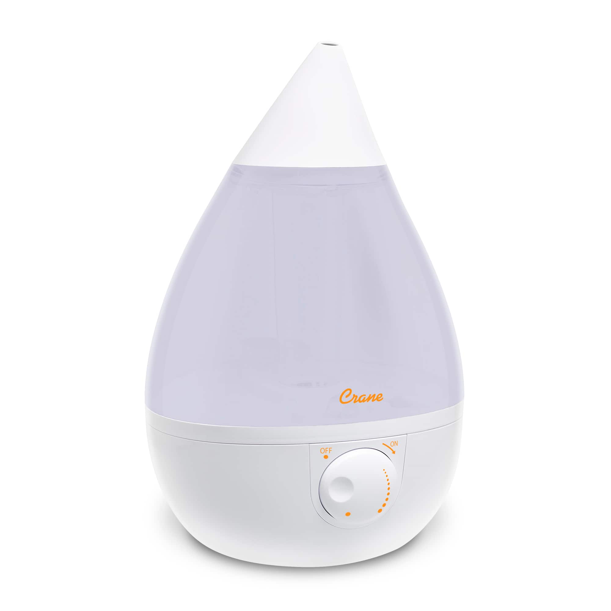The image features a white Crane humidifier, which is currently turned off. The humidifier has a white base and a clear glass container. The device is designed to release moisture into the air, providing a comfortable and humid environment.