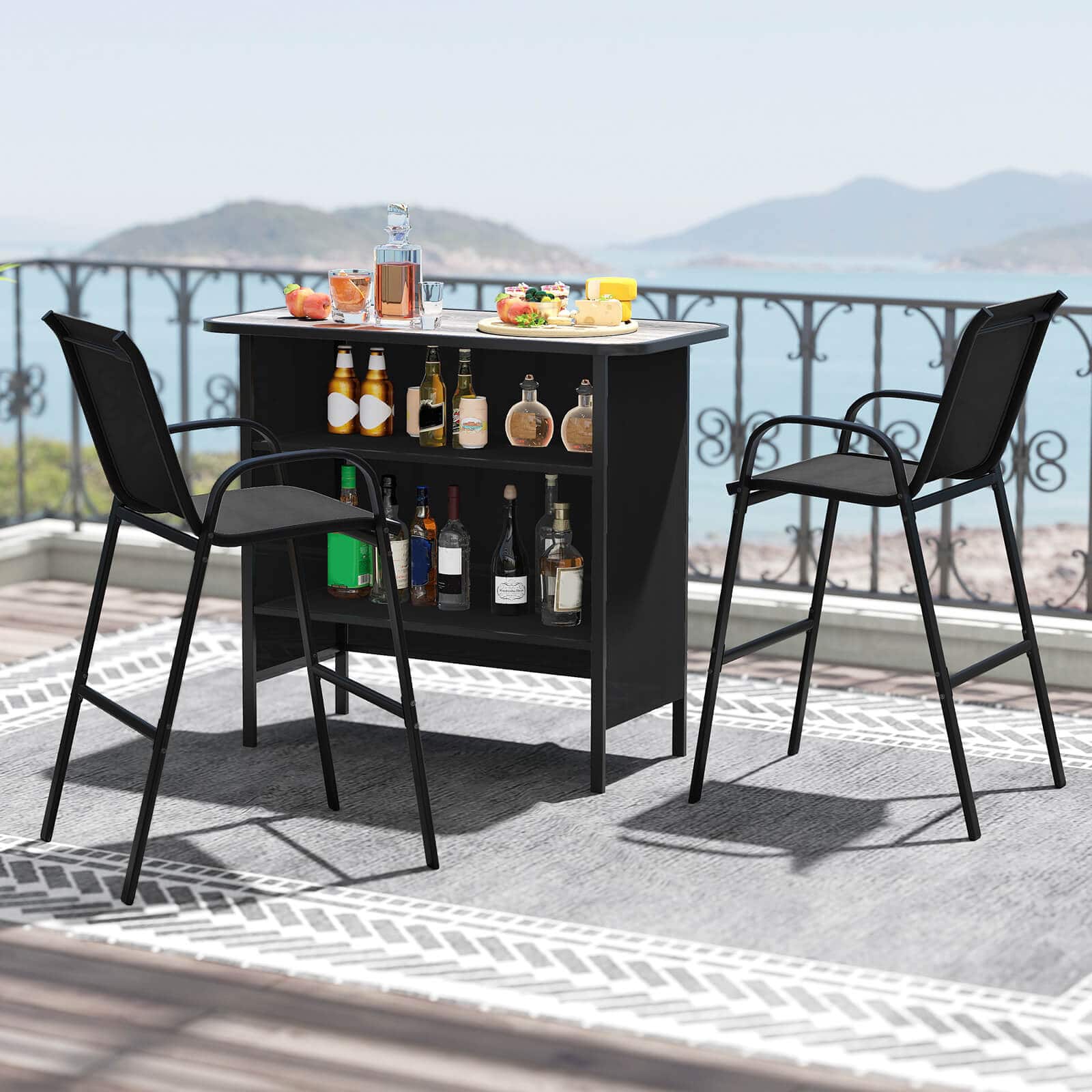 Costway - 3 PCS Outdoor Bar Set Bar Height Table & Armchairs with Footrest 2-Tier Shelf - Black