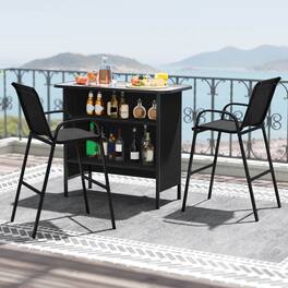 Costway - 3 PCS Outdoor Bar Set Bar Height Table & Armchairs with Footrest 2-Tier Shelf - Black