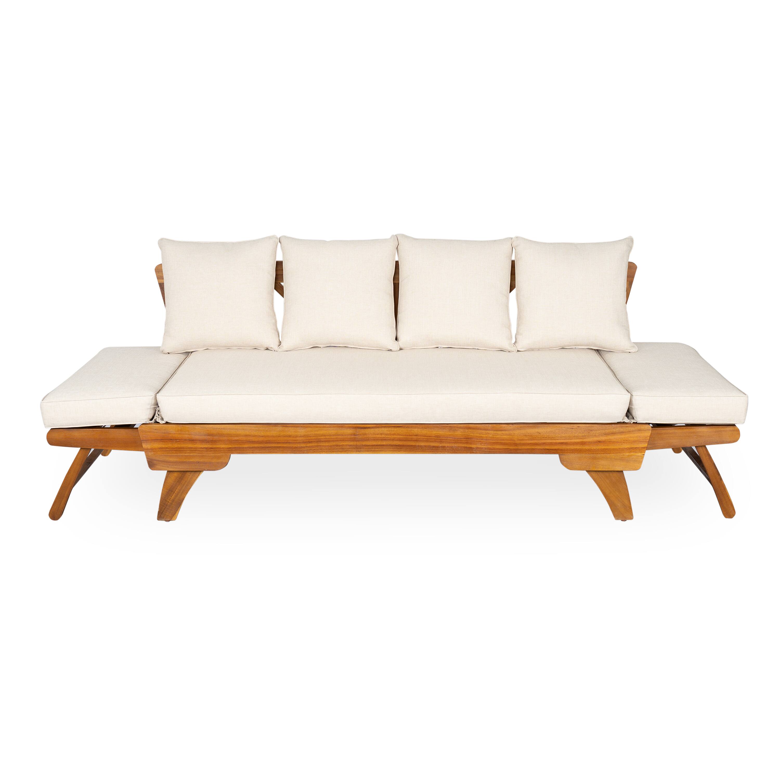 Back. Mondawe - Outdoor Patio Daybed Sofa with Foldable Arm 4 Back Pillows - Teak+ Beige.