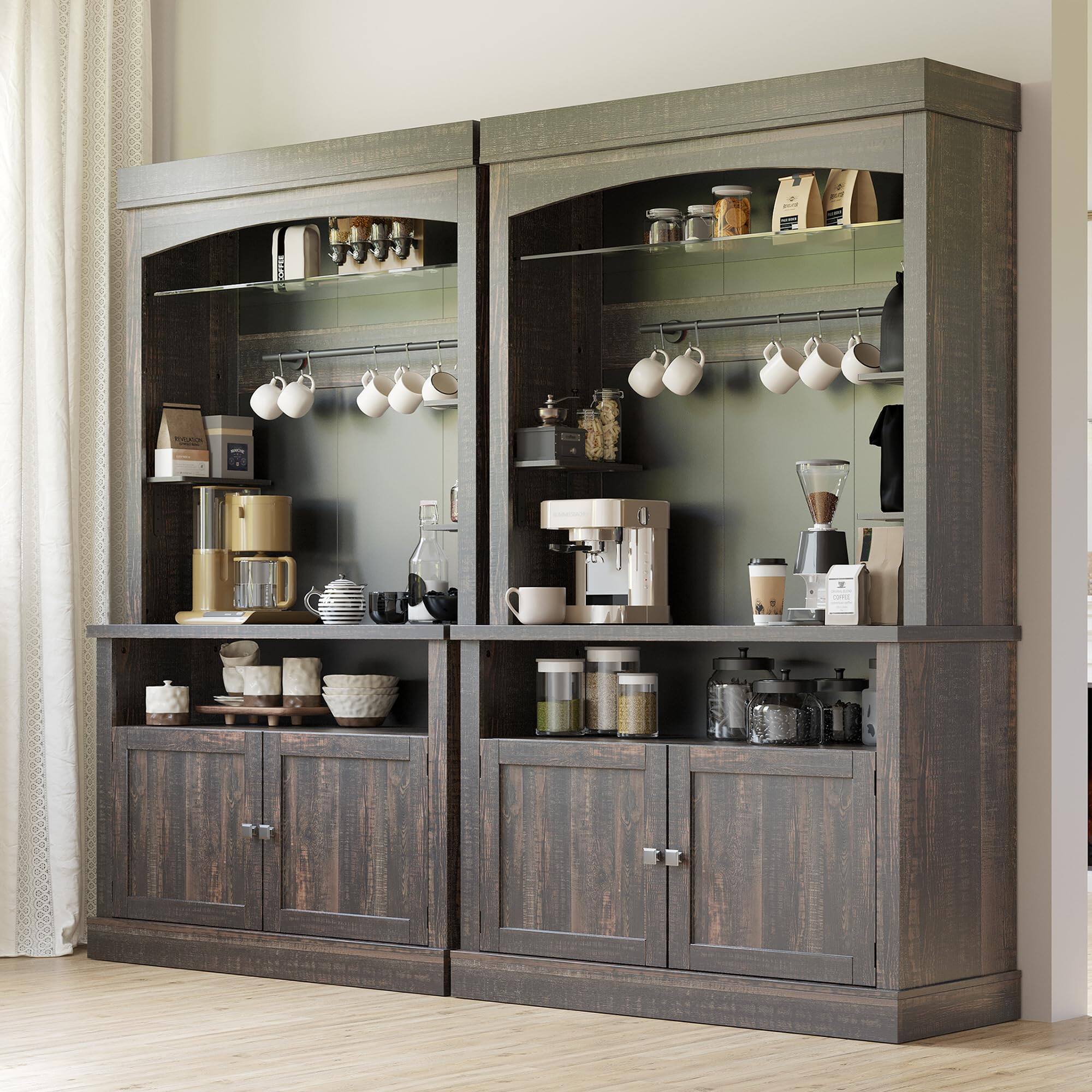Alt View 1. Qeetex - 72" Coffee Bar Cabinet with LED Lights, Microwave Stand, Wine Rack & Glass Shelf - Oak Black.