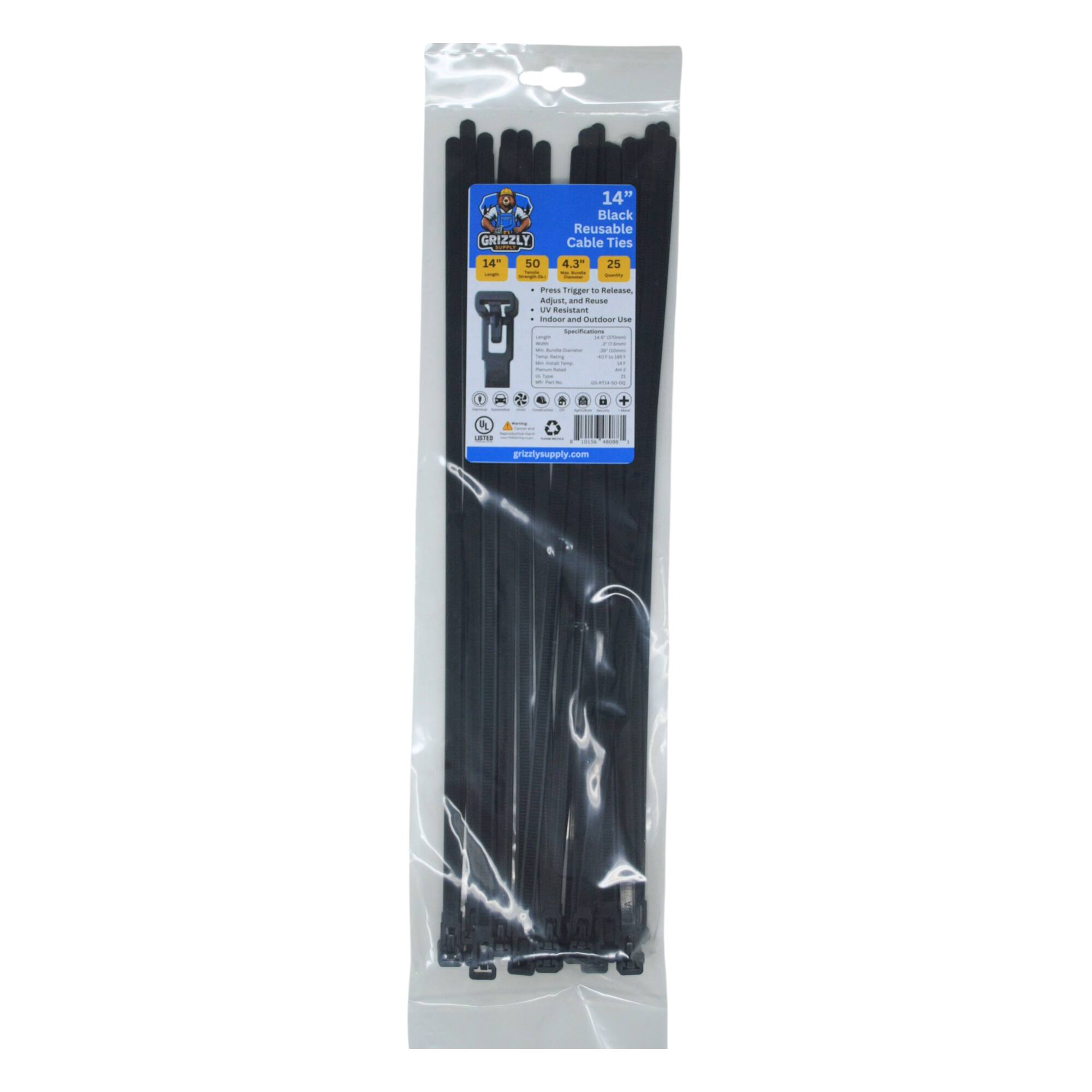 GRIZZLY - 14" Black Reusable Cable Ties 14  sO | - 4.3 - | 25 !  Frass Trigger - Rulessa Anu -  U Rasistan d indouer - CUndo -  - - | I - : | I I - - - - - - - - - I F d a +  : .. | :  grizzlysupply.com