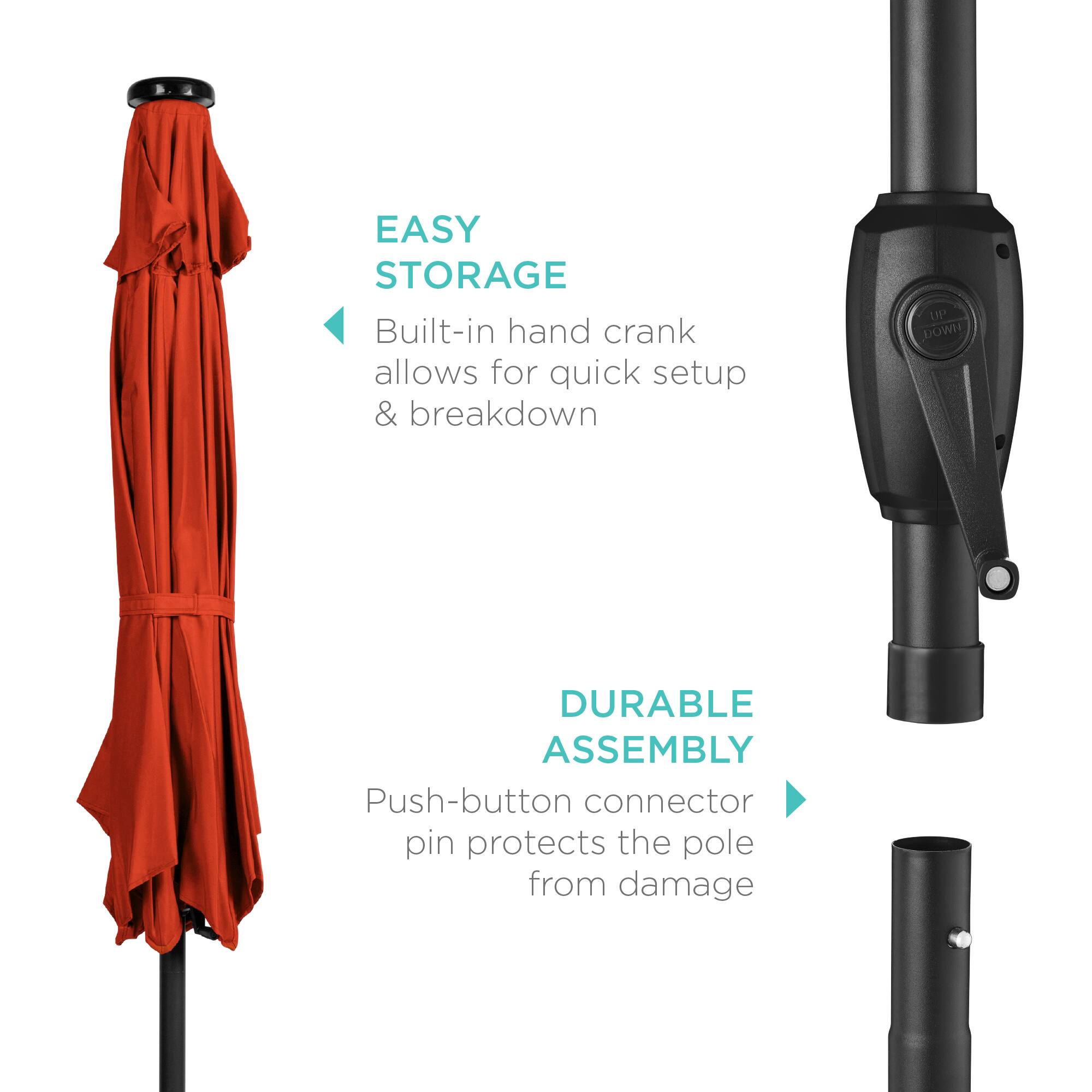 EASY STORAGE  
Built-in hand crank allows for quick setup & breakdown  

DURABLE ASSEMBLY  
Push-button connector pin protects the pole from damage