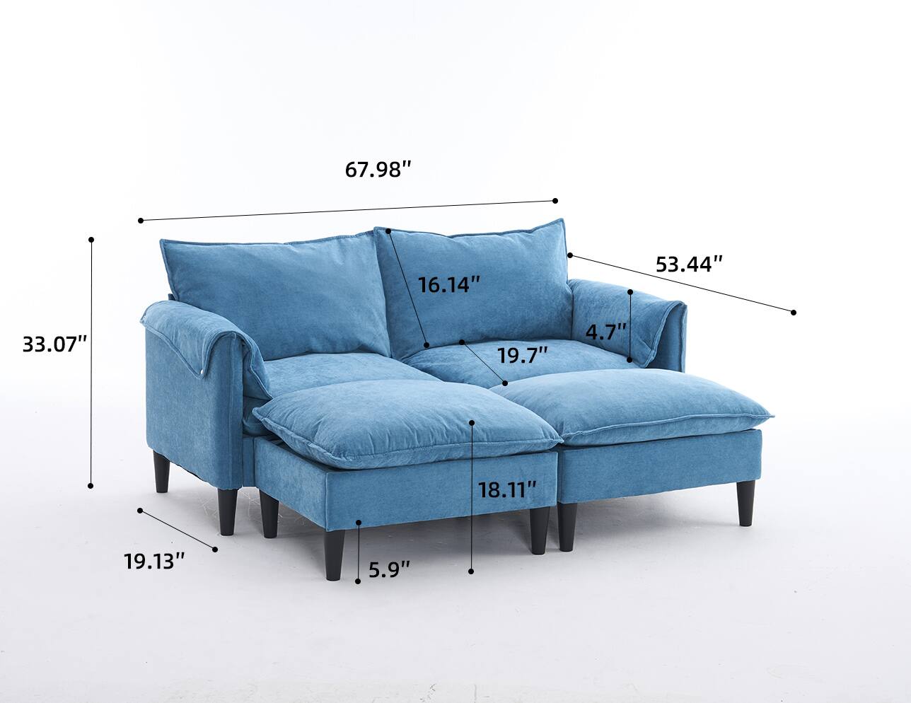 The dimensions of the sofa are as follows:

- Width: 67.98"
- Depth: 33.07"
- Height: 34.33"
- Seat Height: 19.13"
- Seat Depth: 19.7"
- Arm Height: 16.14"
- Arm Width: 4.7"
- Back Height: 53.44"
- Seat Width: 18.11"
- Leg Height: 5.9"