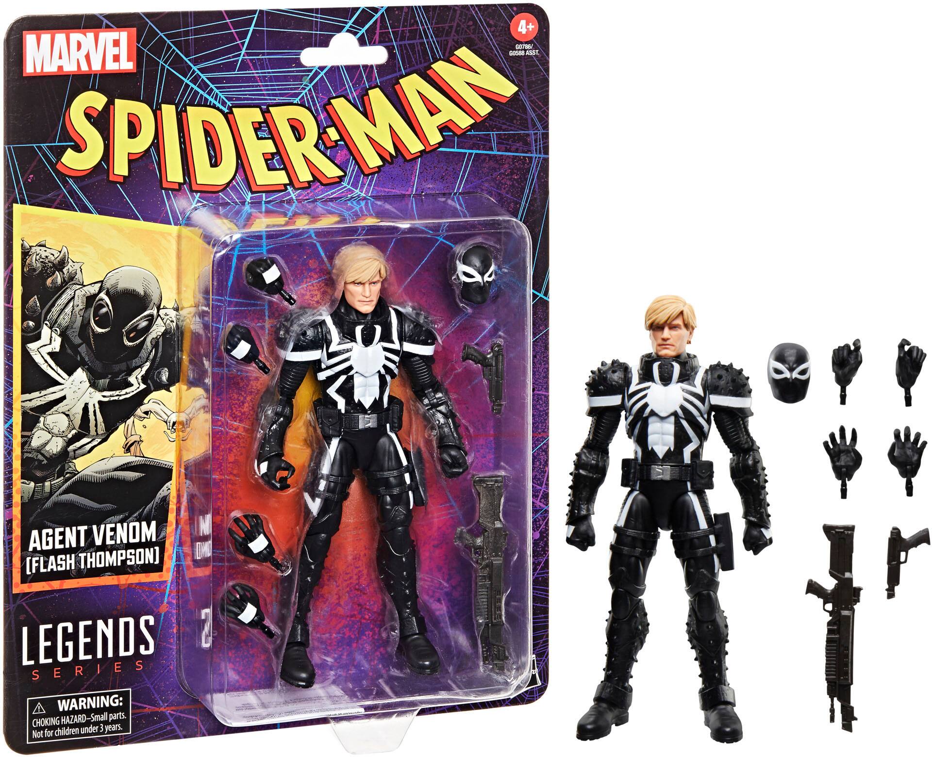 The text on the image reads:

4+ SOTW MARVEL Sme AST SPIDER-MAN I B   B   M1 1 VENOM M : AGENT 0M [FLASH THOMPSON) LEGENDS 2 SERIES A WARNING: CHOKING HAZARD-Small parts. children under 3 years. Not for children under 3 years.