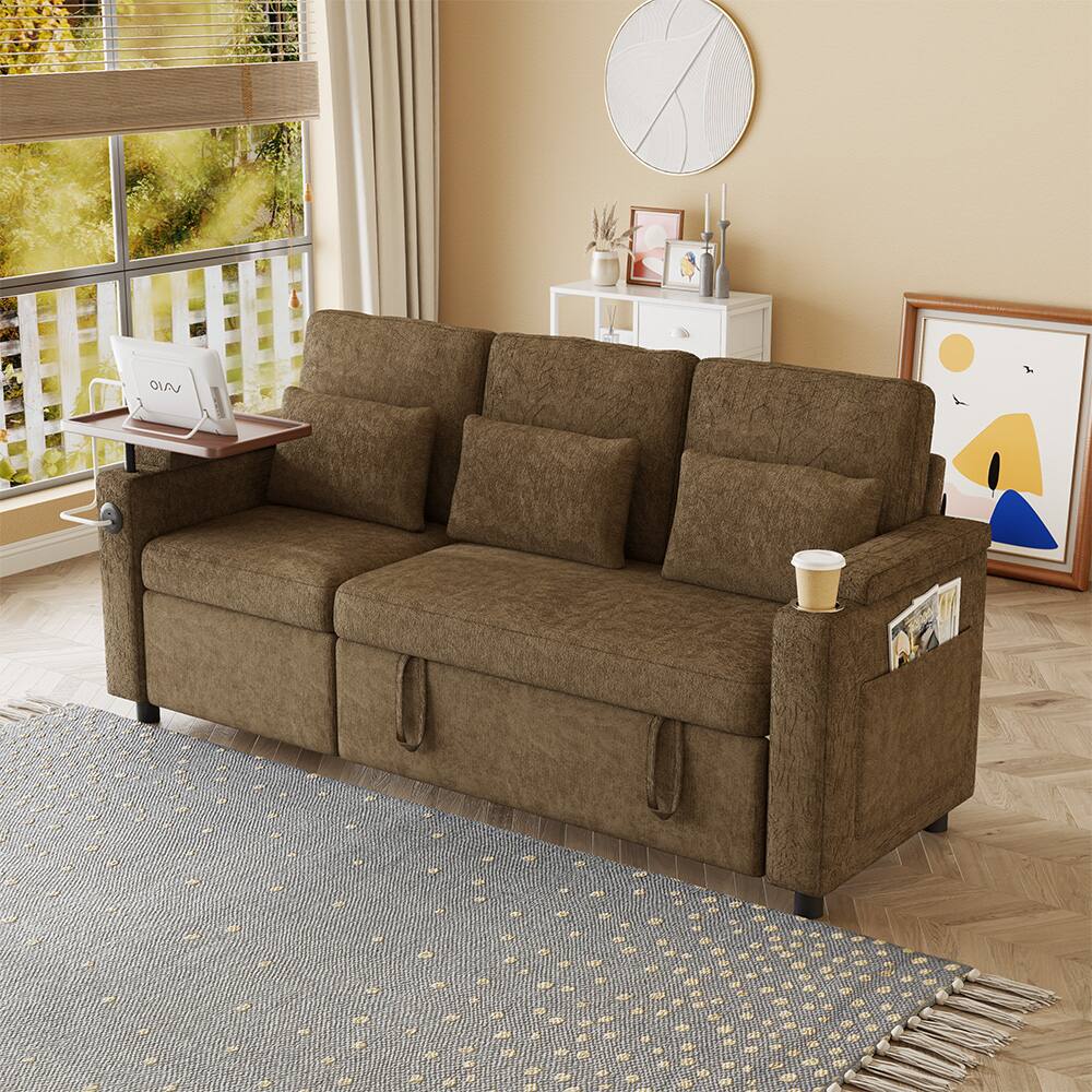 Left. Anysun - 83" Chenille Fabric Foldable Sofa Bed with Electric Recliner, Adjustable Backrest, Table Board, Armrest Storage - Khaki.