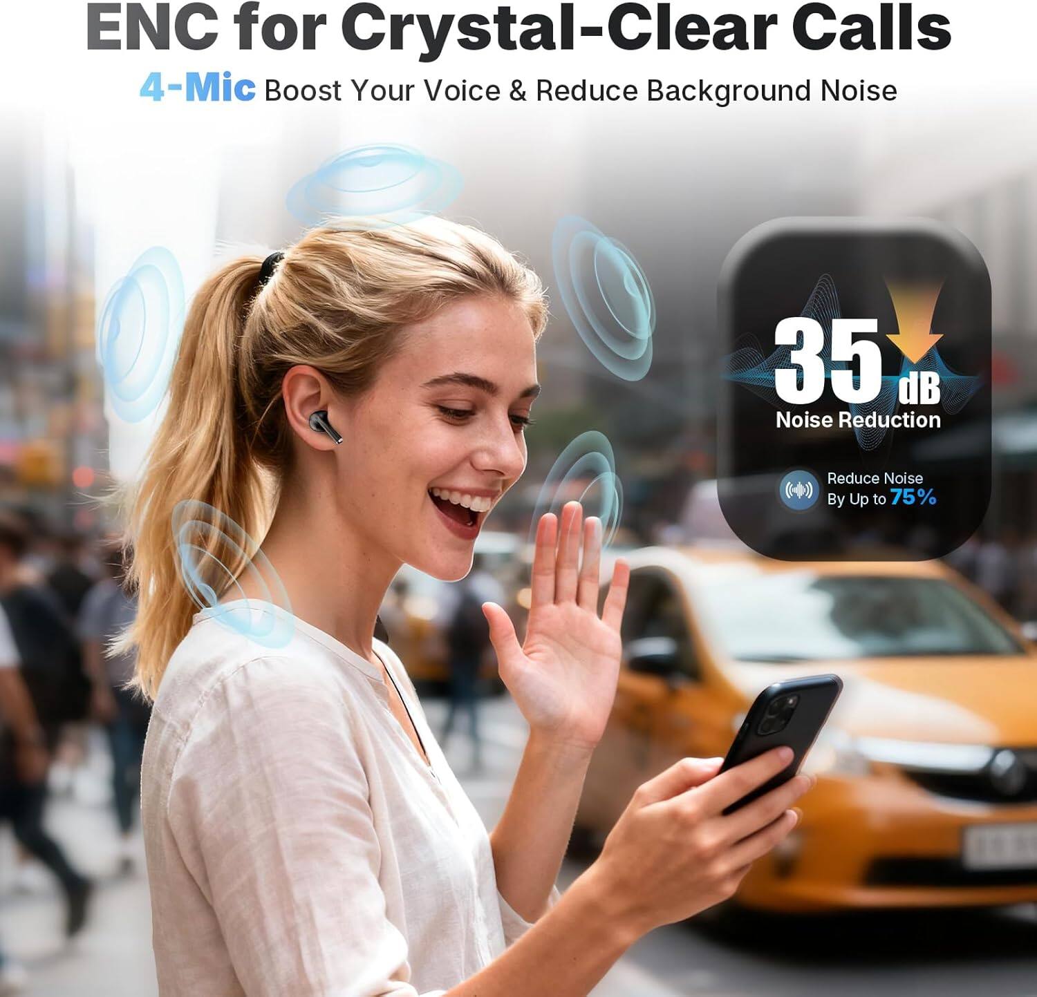ENC for Crystal-Clear Calls  
4-Mic Boost Your Voice & Reduce Background Noise  
35 dB Noise Reduction  
Reduce Noise By Up to 75%