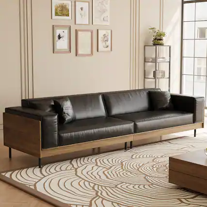 Front. luck idea - Luck idea 106.3" Contemporary Leather Sofa Couch with Solid Wood Frame, Metal Legs and 3 Accent Pillows - White and Brown.