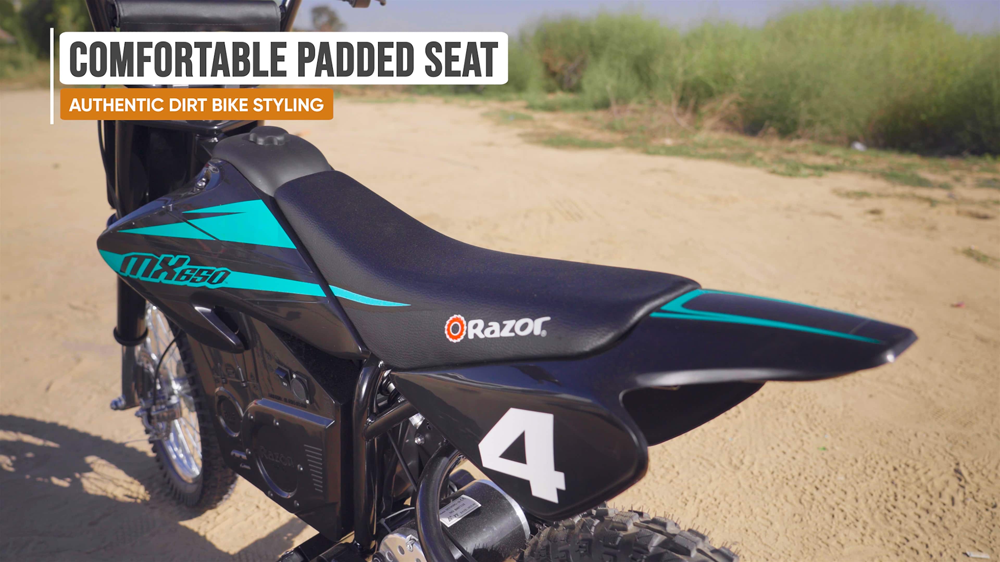 The text on the image reads: "Comfortable Padded Seat Authentic Dirt Bike Styling MXsso Razon Razor. 41."