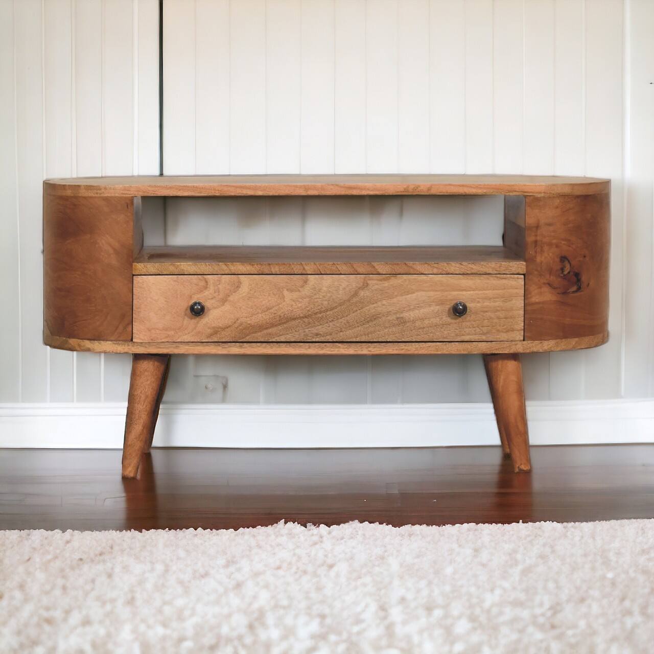 Angle. Artisan Furniture - Artisan Furniture Solid Wood Mini Rounded Entertainment Unit, 1 Drawer, 1 Open Slot, Brown - Beige.