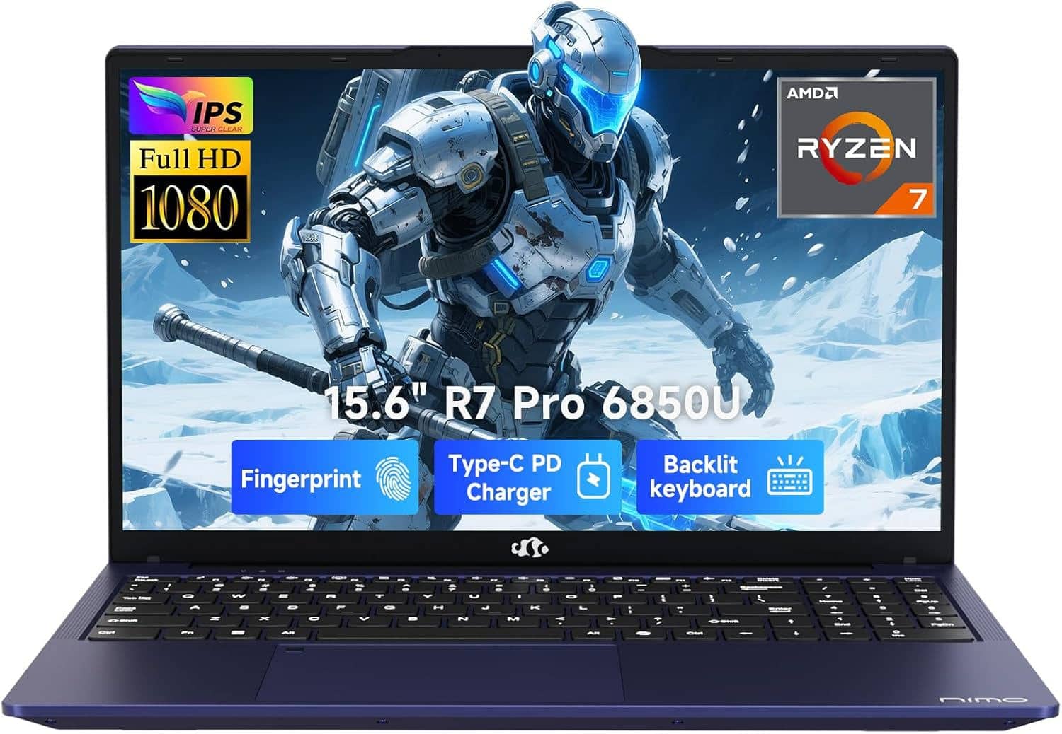 Sure, here is the corrected and grouped text from the image:

- **IPS SUPER CLEAR**
- **Full HD 1080**
- **AMD RYZEN 7**
- **15.6" R7 Pro 6850U**
- **Fingerprint**
- **Type-C PD Charger**
- **Backlit keyboard**
