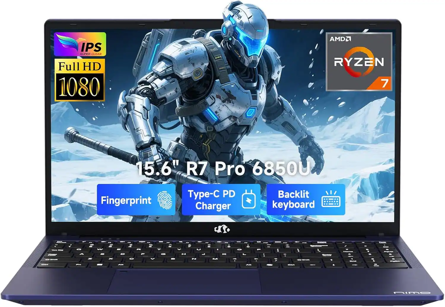 Sure, here is the corrected and grouped text from the image:

- **IPS SUPER CLEAR**
- **Full HD 1080**
- **AMD RYZEN 7**
- **15.6" R7 Pro 6850U**
- **Fingerprint**
- **Type-C PD Charger**
- **Backlit keyboard**