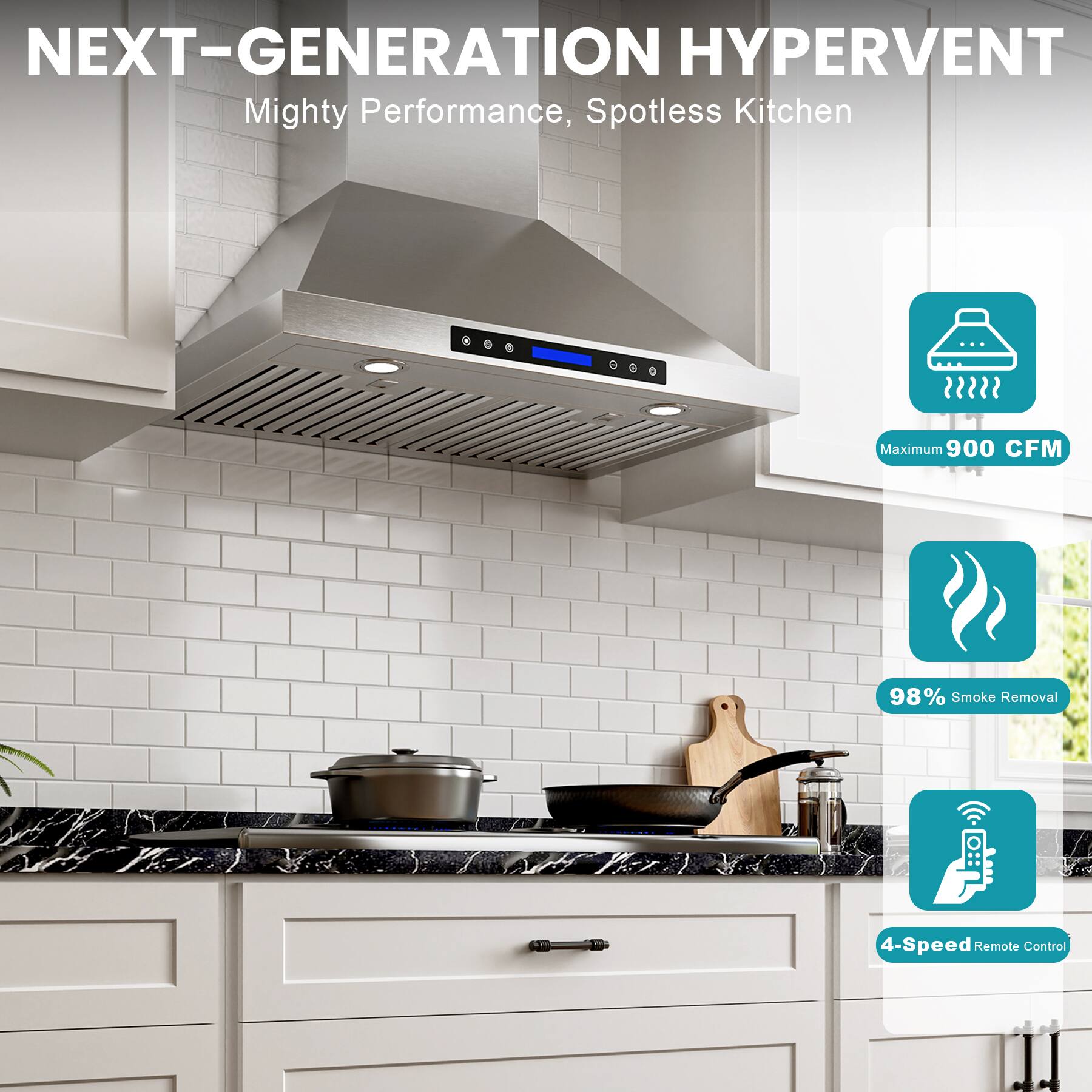 NEXT-GENERATION HYPERVENT  
Mighty Performance, Spotless Kitchen  

- Maximum 900 CFM  
- 98% Smoke Removal  
- 4-Speed Remote Control