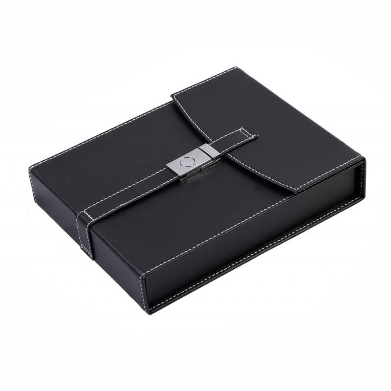 Angle. Prestige - Florence Travel Cigar Humidor - Black Leather with White Stitching.