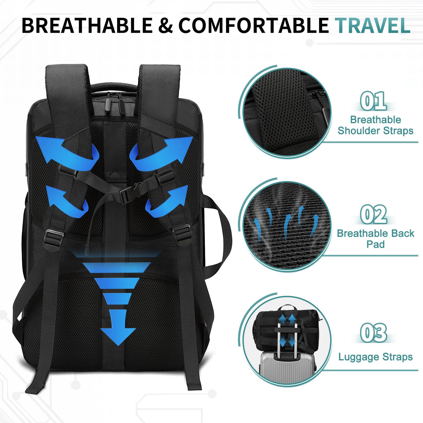 BREATHABLE & COMFORTABLE TRAVEL

01 Breathable Shoulder Straps

02 Breathable Back Pad

03 Luggage Straps