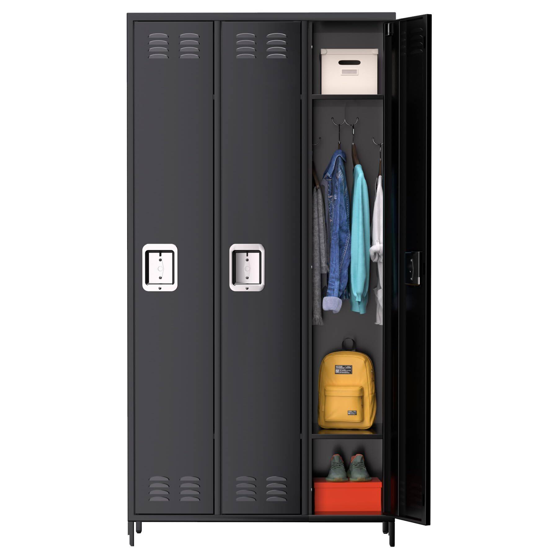 GARVEE - 3 Doors Metal Lockers Tall Metal Office Storage Cabinet with 9 Hooks and 3 Shelves for Home Office Gym School - Black