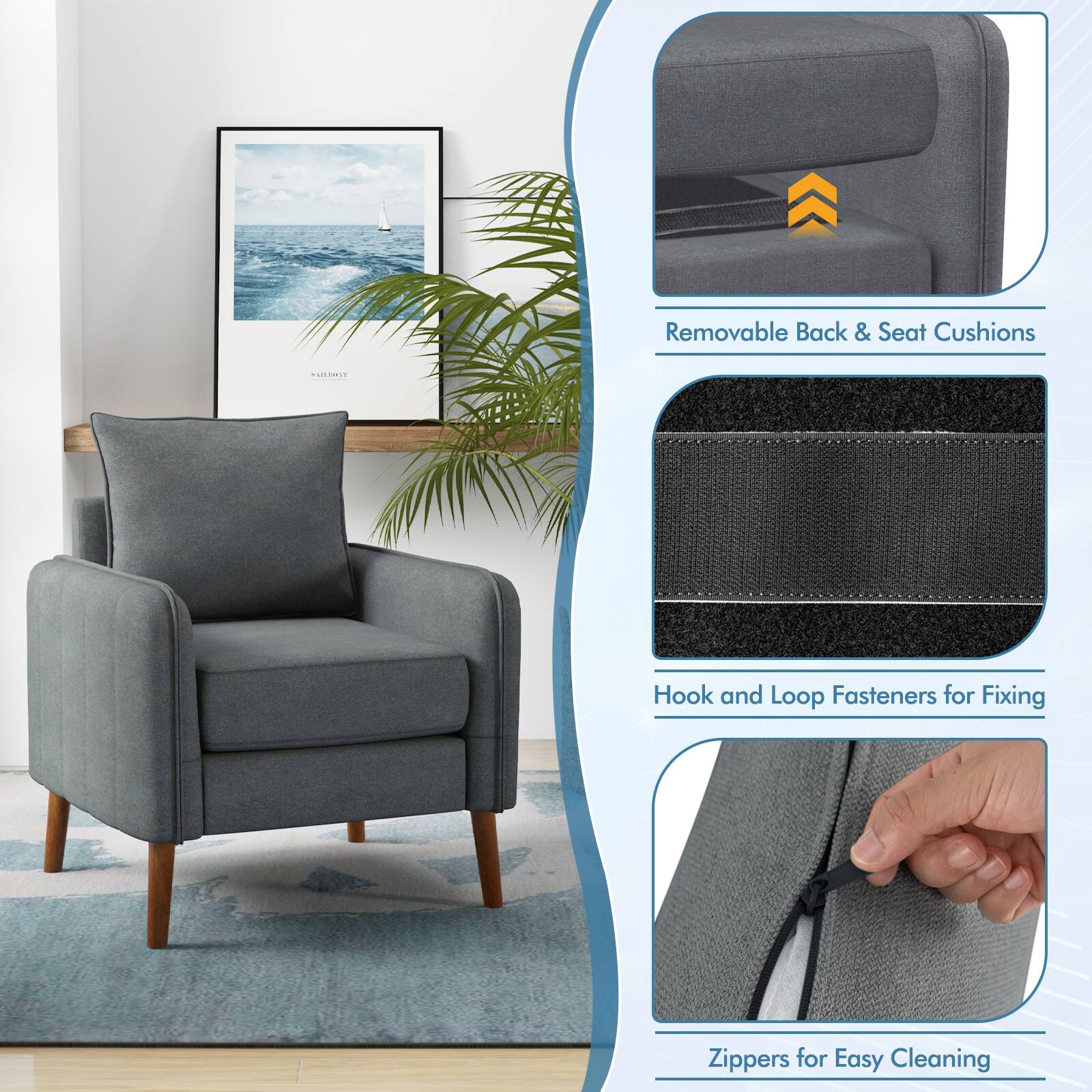 Removable Back & Seat Cushions | Hook and Loop Fasteners for Easy Cleaning