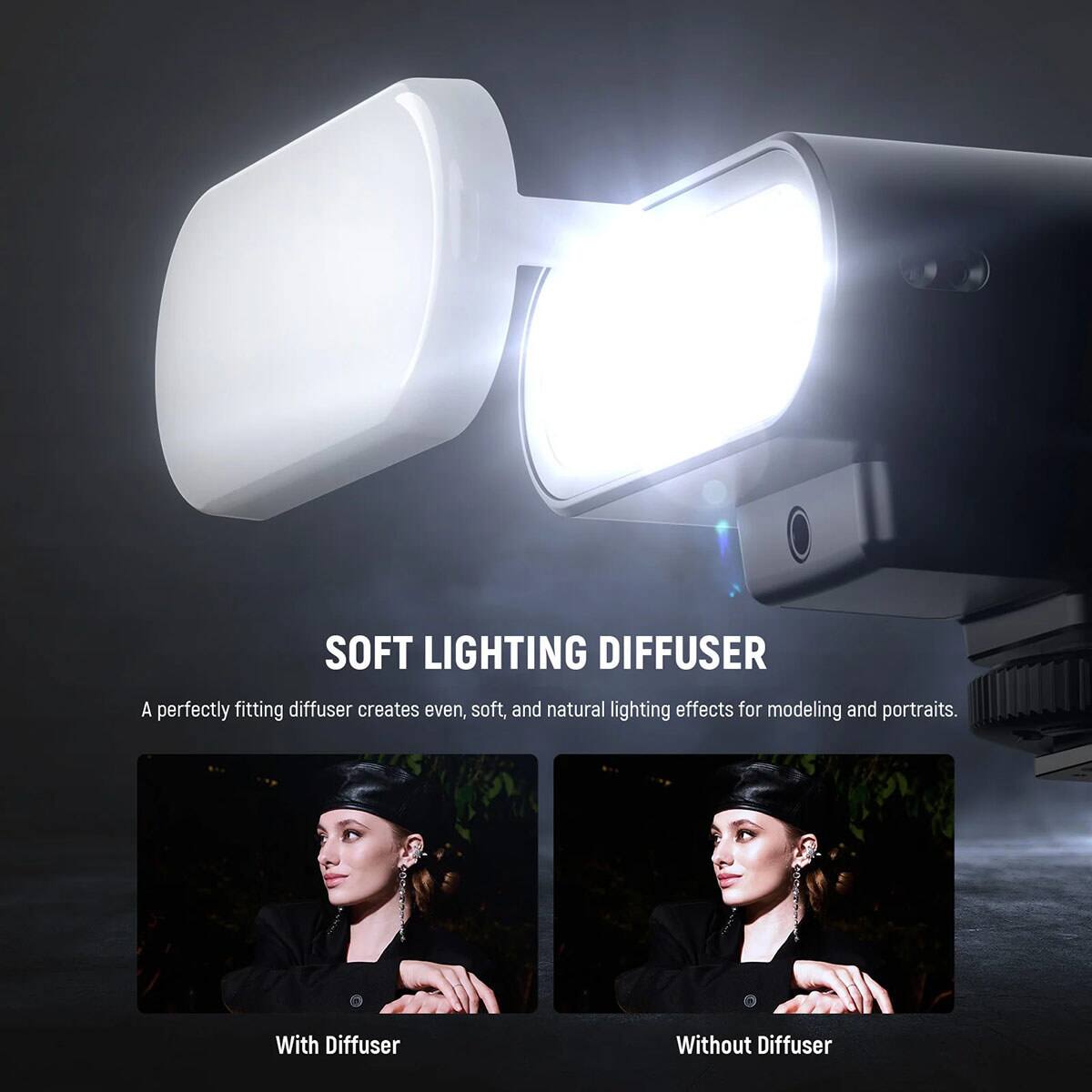 SOFT LIGHTING DIFFUSER

A perfectly fitting diffuser creates even, soft, and natural lighting effects for modeling and portraits.

With Diffuser

Without Diffuser