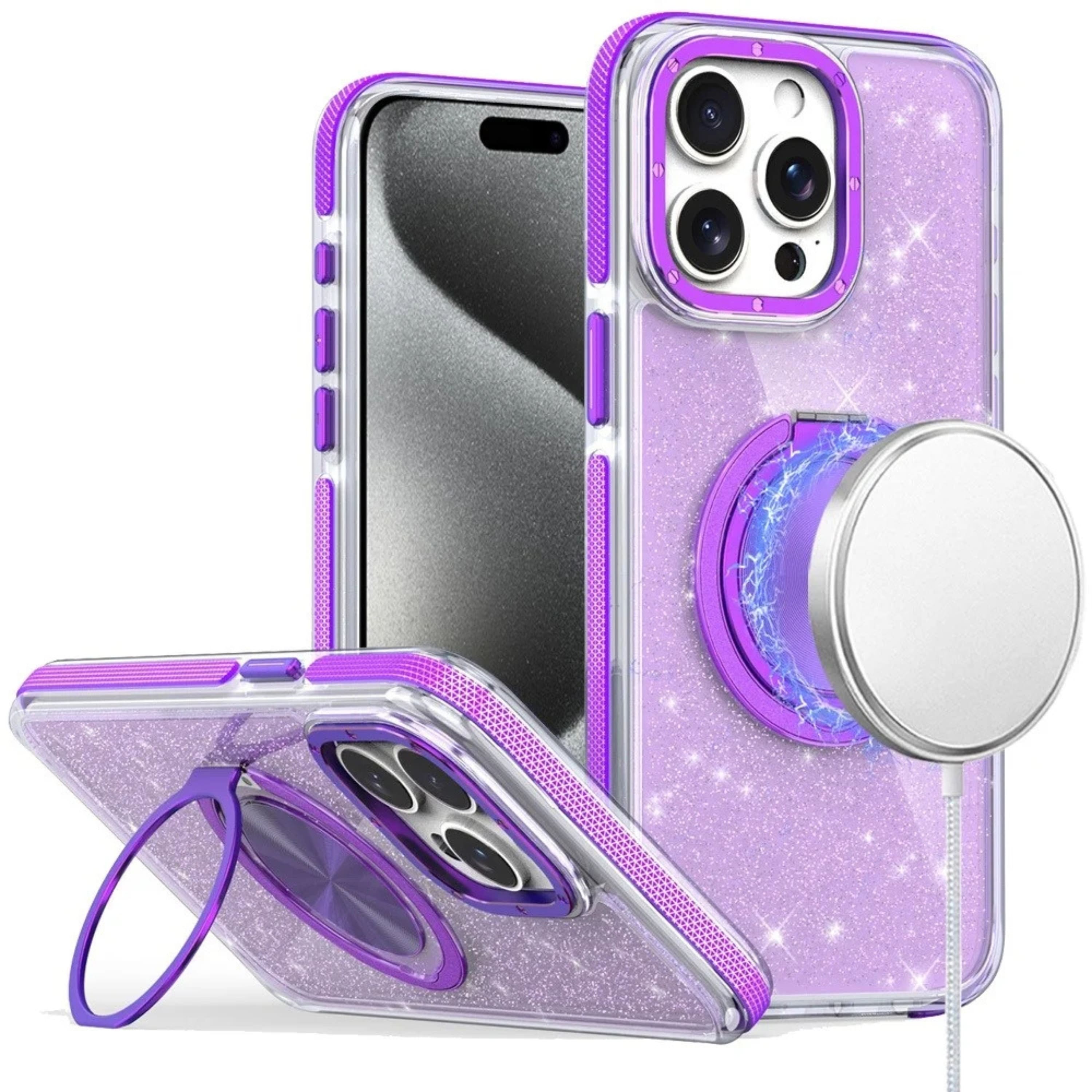 Kitcheniva - Magnetic Circle Stand Full Glitter Case With 2 Tempered Glass For iPhone 15 Pro Max - Purple price history on PriceWatchPro