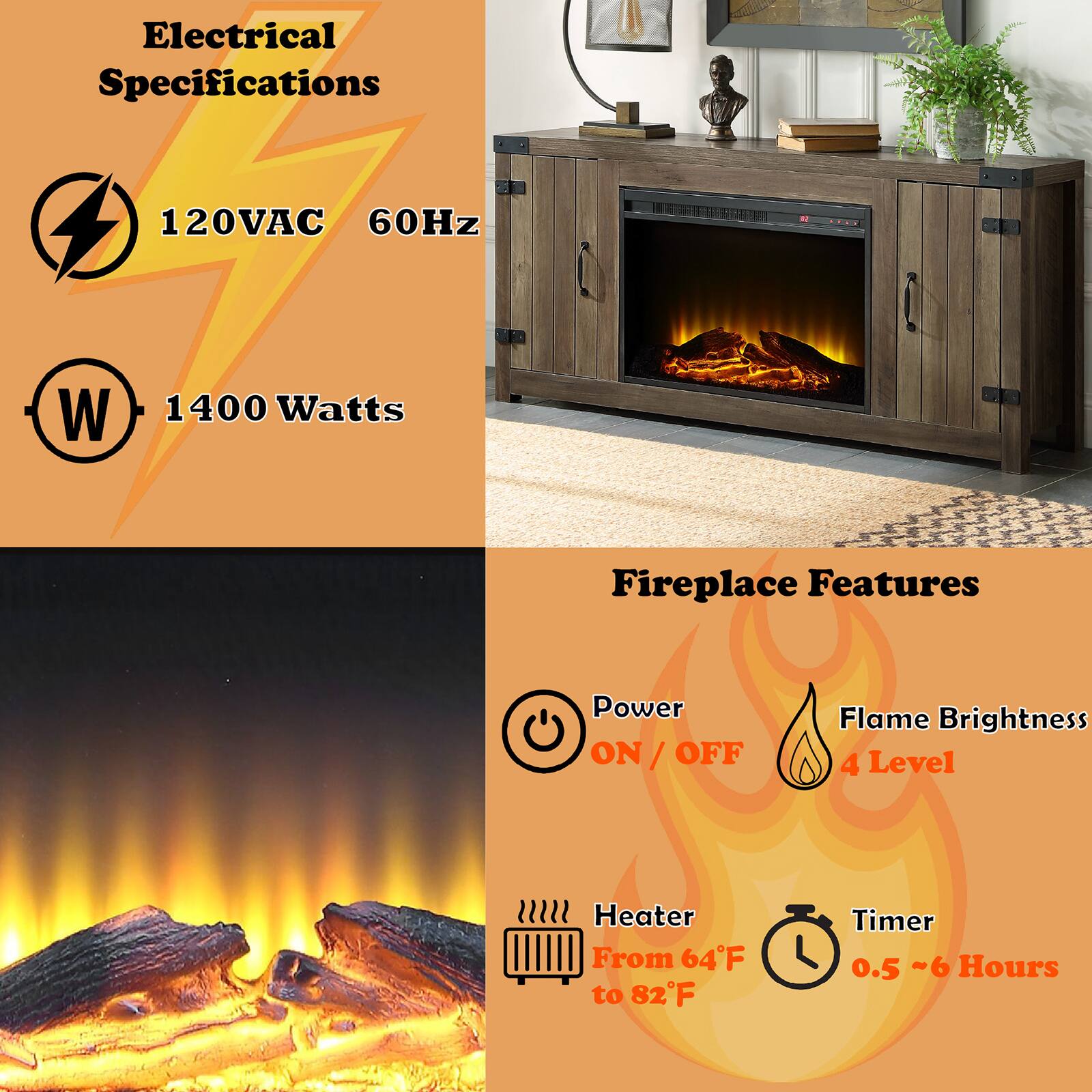 **Electrical Specifications**
- 120VAC
- 60Hz
- 1400 Watts

**Fireplace Features**
- Power: ON / OFF
- Flame Brightness: 4 Level
- Heater: From 64°F to 82°F
- Timer: 0.5 - 6 Hours