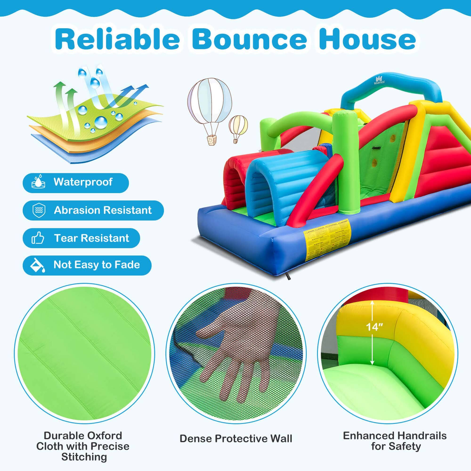 Reliable Bounce House: Waterproof, Abrasion Resistant, Tear Resistant, Durable Oxford Cloth with Precise Stitching, Dense Protective Wall, Enhanced Handrails for Safety.