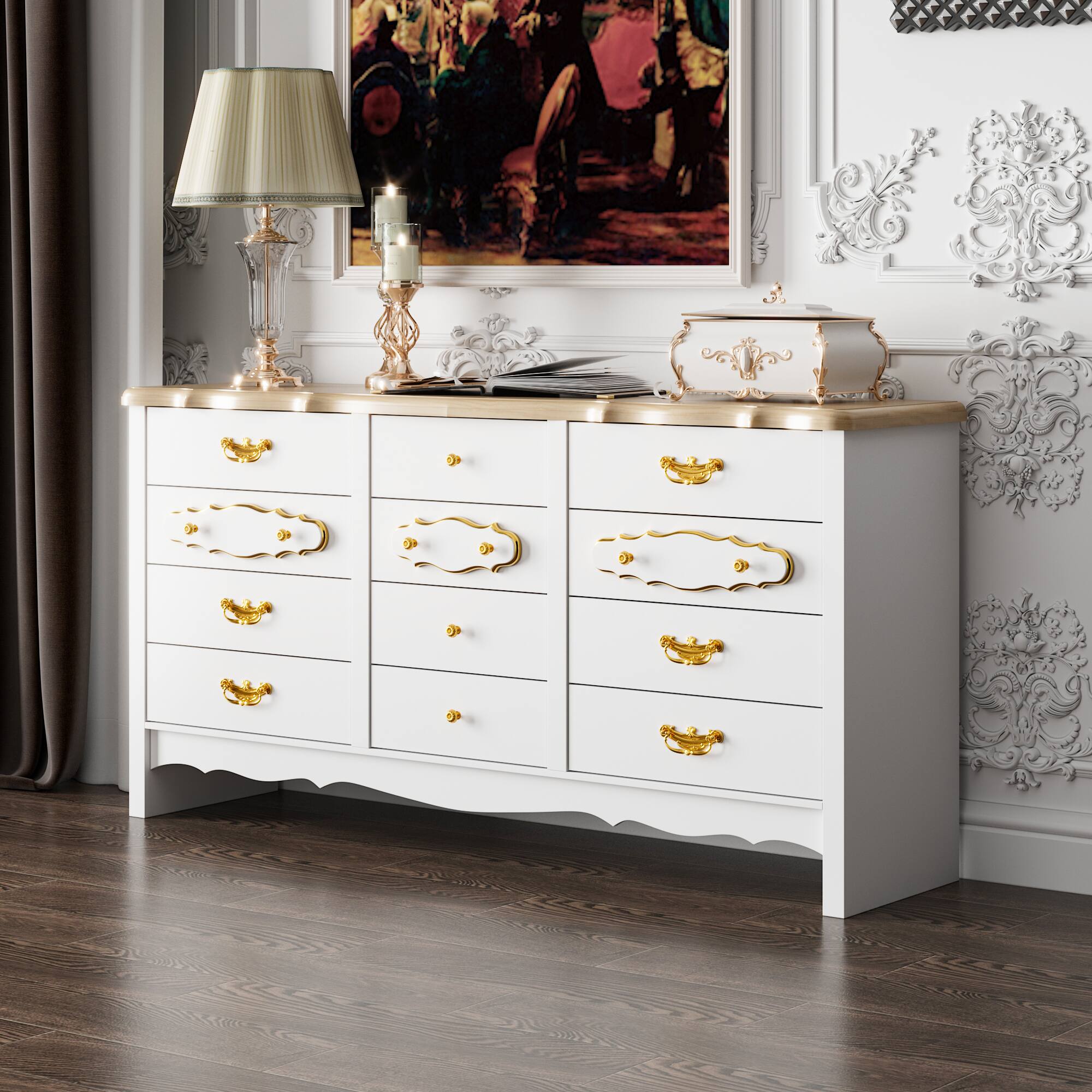 Angle. FUFU&GAGA - French Court-Style Nine-Drawer Storage Dresser – A Fusion of Luxurious Aesthetics and Practical Storage - White.