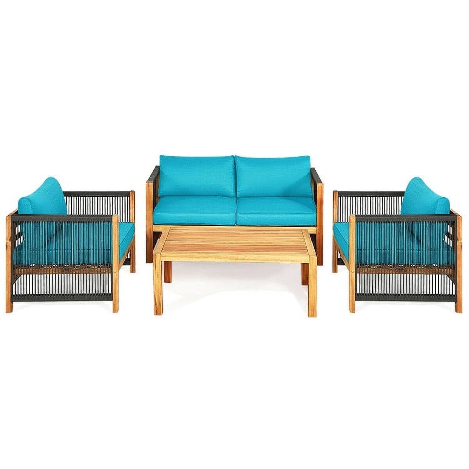 Left. Kadyn - 4 Outdoor Acacia Wood patio conversation sets Sunroom Furniture Indoor Sectional Garden Seating Groups - Blue.