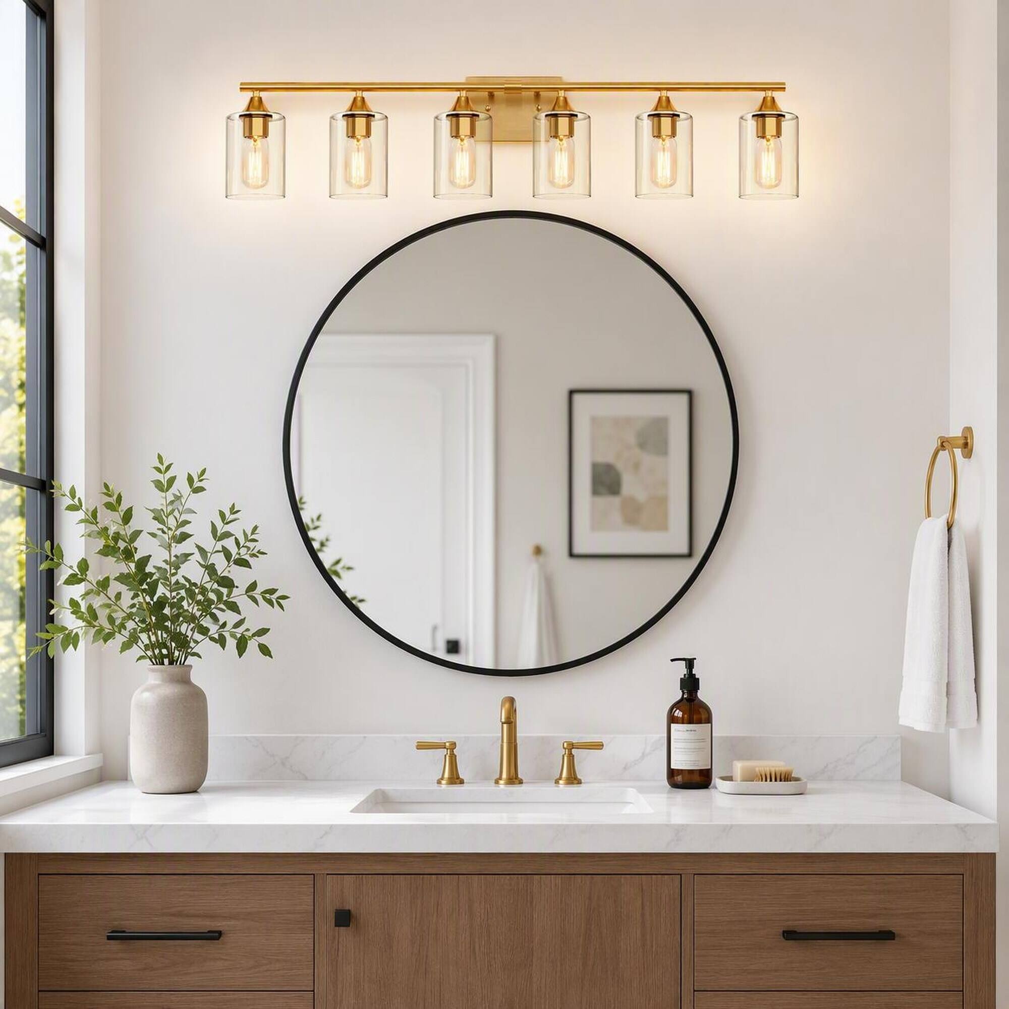 Angle. RYHNUYNE - 6-Light Brushed Gold Farmhouse Vanity Light with Clear Glass Shades, Damp-Proof Iron Frame, Reversible Mount.