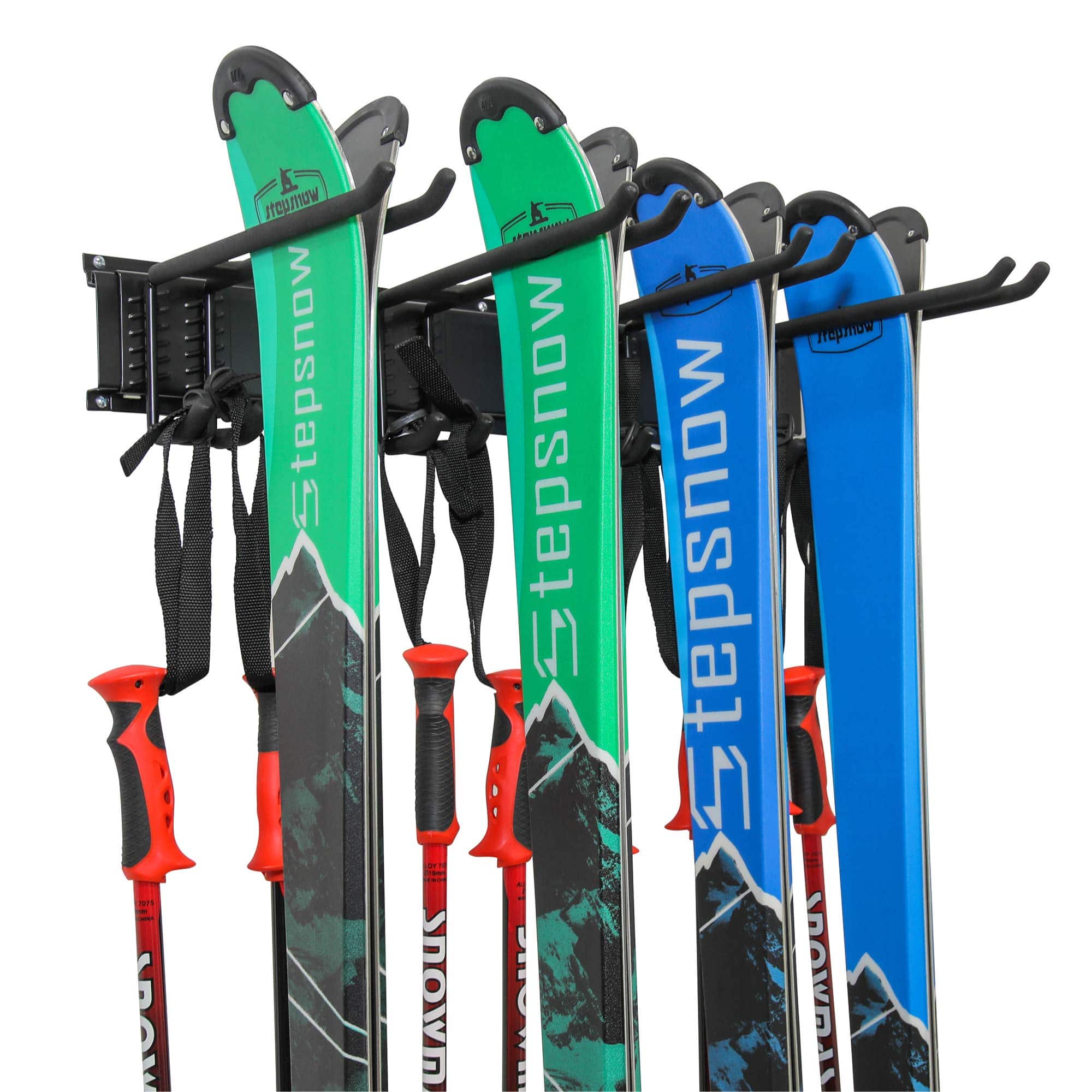 RaxGo - Ski Rack, Ski Wall Mount Holds 4 Pairs of Skis & Skiing Poles or Snowboard, for Home & Garage - Black